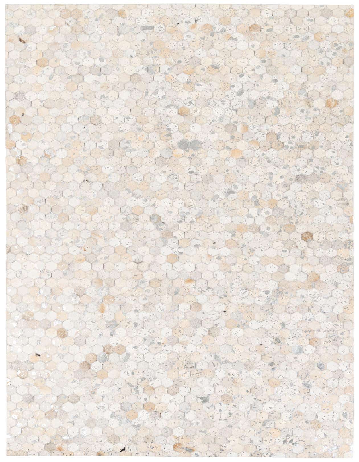 A 5x8 rectangular Cowhide Stocks rug featuring a modern multi-colored hexagonal pattern in natural beige, cream, and grey tones.