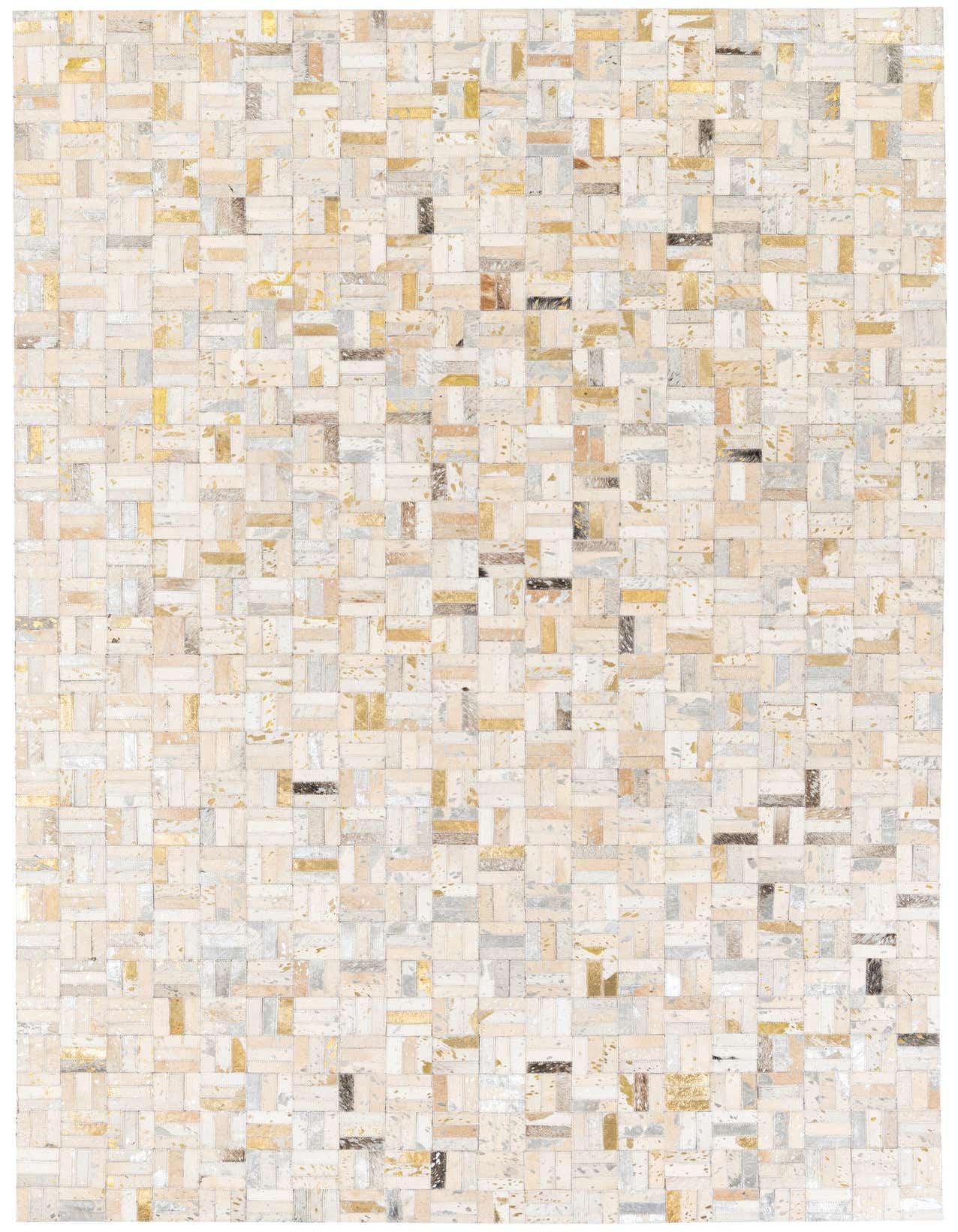 A rectangular 5x8 modern cowhide rug featuring a mosaic of multi-colored patches in cream, gold, and grey tones.