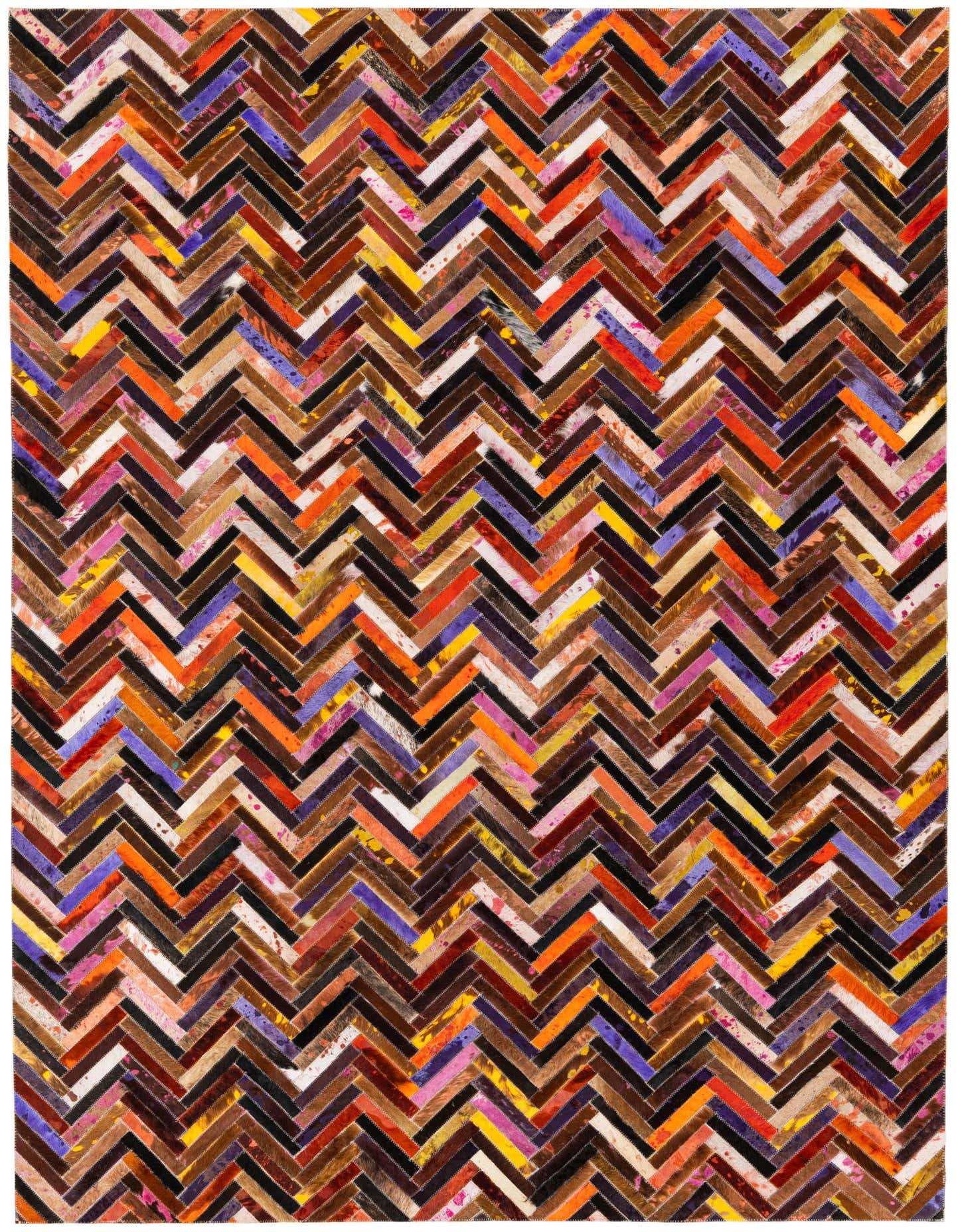 A rectangular 5x8 multi-colored cowhide rug featuring a modern chevron stripe pattern, ideal for a living room.