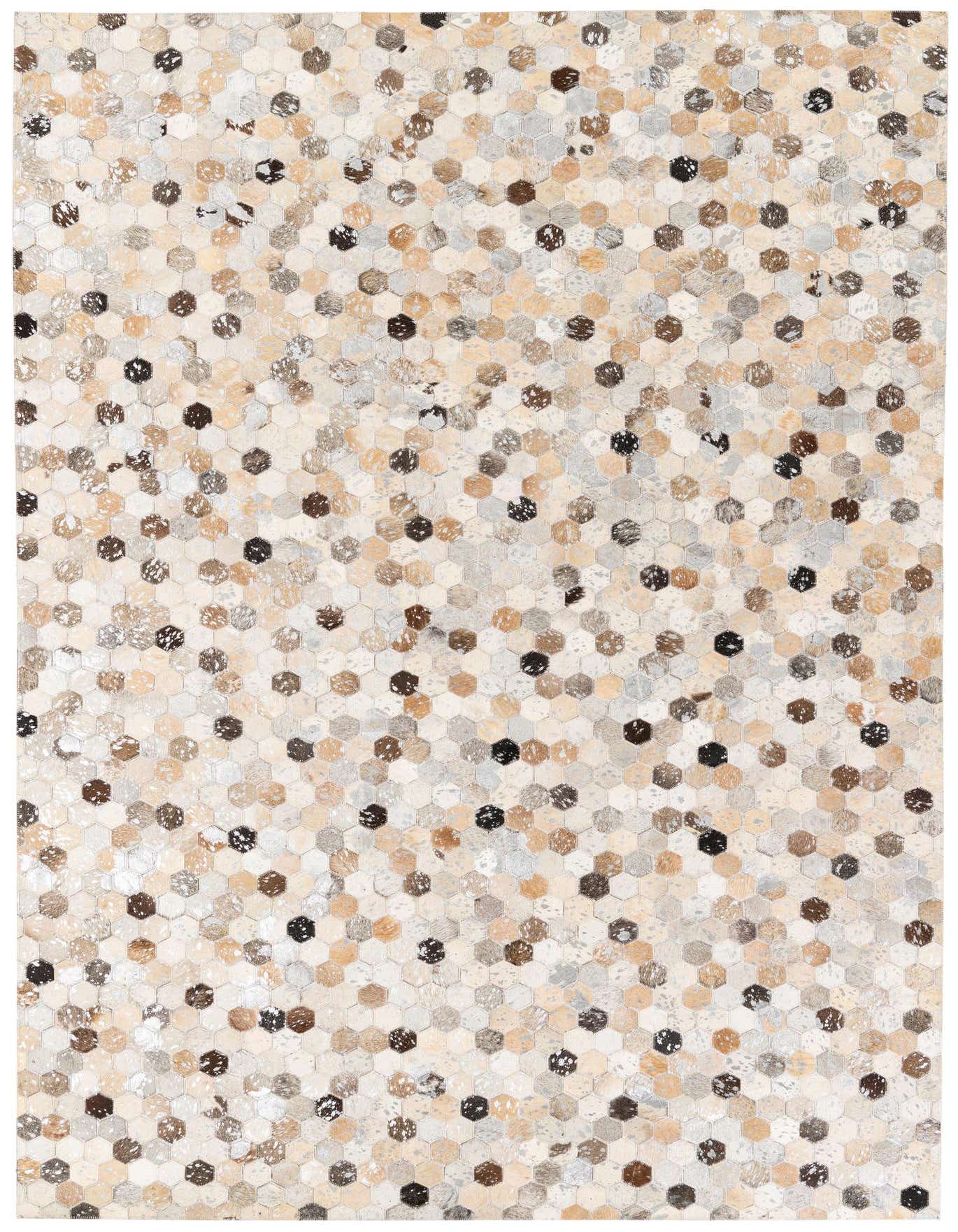 A 5x8 rectangular Cowhide Stocks rug from Rugs.com, featuring a modern multi-colored hexagonal pattern in natural browns, creams, and grays.
