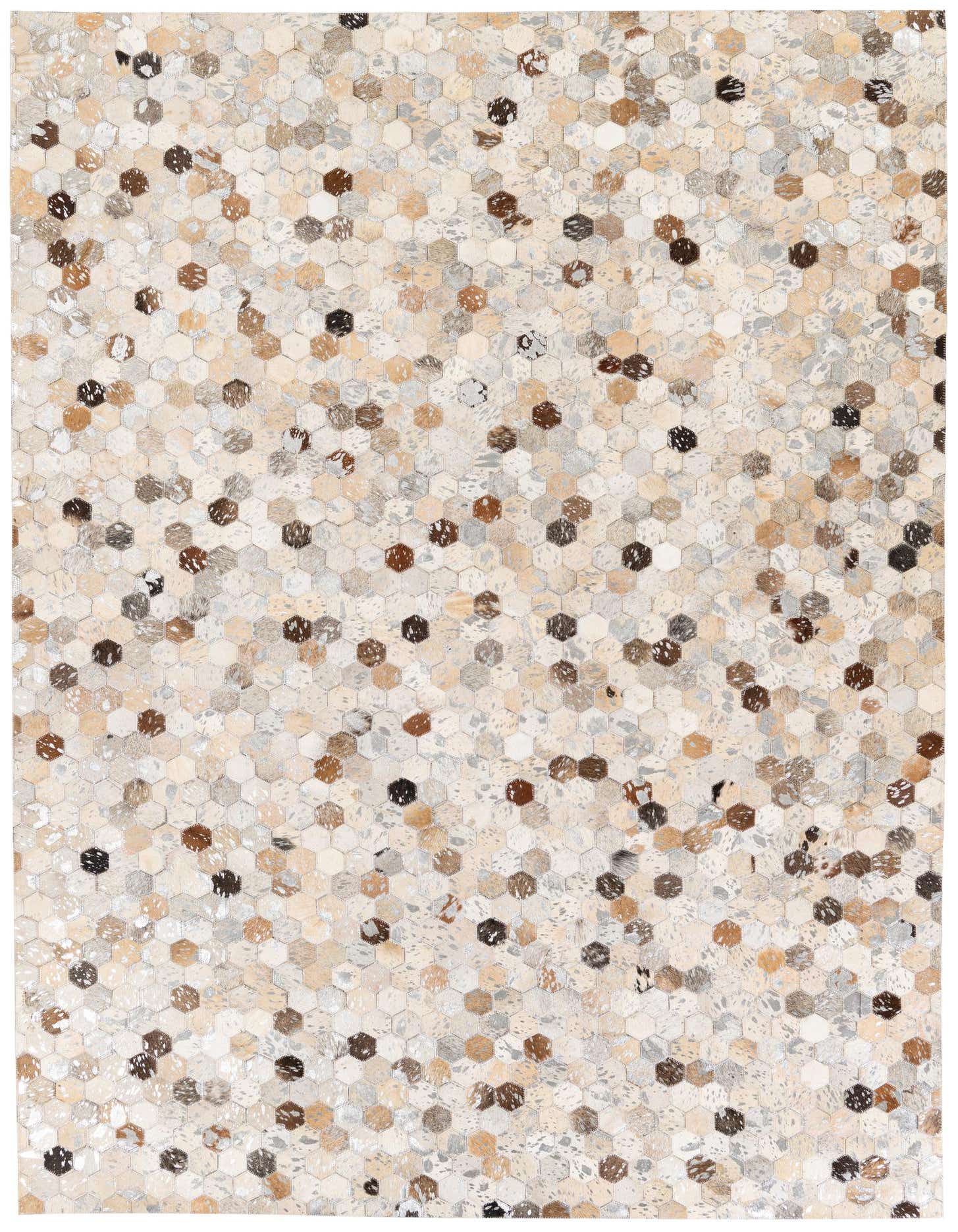A rectangular 5x8 modern rug made of multi-colored cowhide and leather hexagons in various shades of brown, beige, and grey.