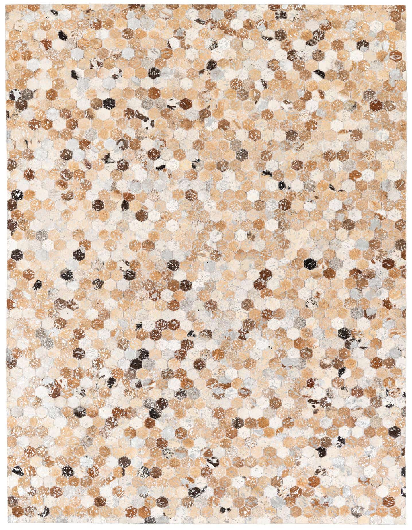 A rectangular 5x8 modern rug featuring a mosaic of multi-colored hexagonal cowhide and leather patches in various natural brown, beige, cream, and black tones.