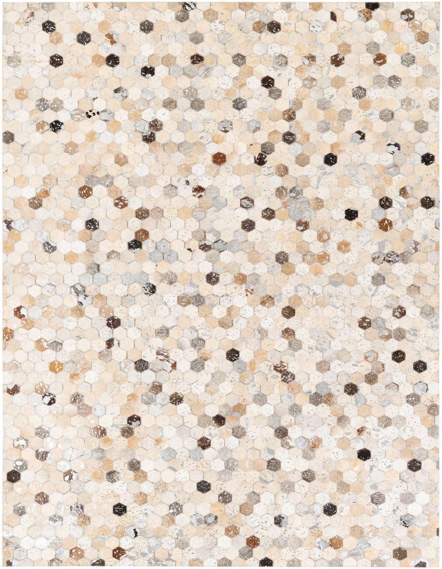 A 5x8 rectangular Cowhide Stocks rug featuring a modern multi-colored hexagonal pattern in natural browns, creams, and grays.