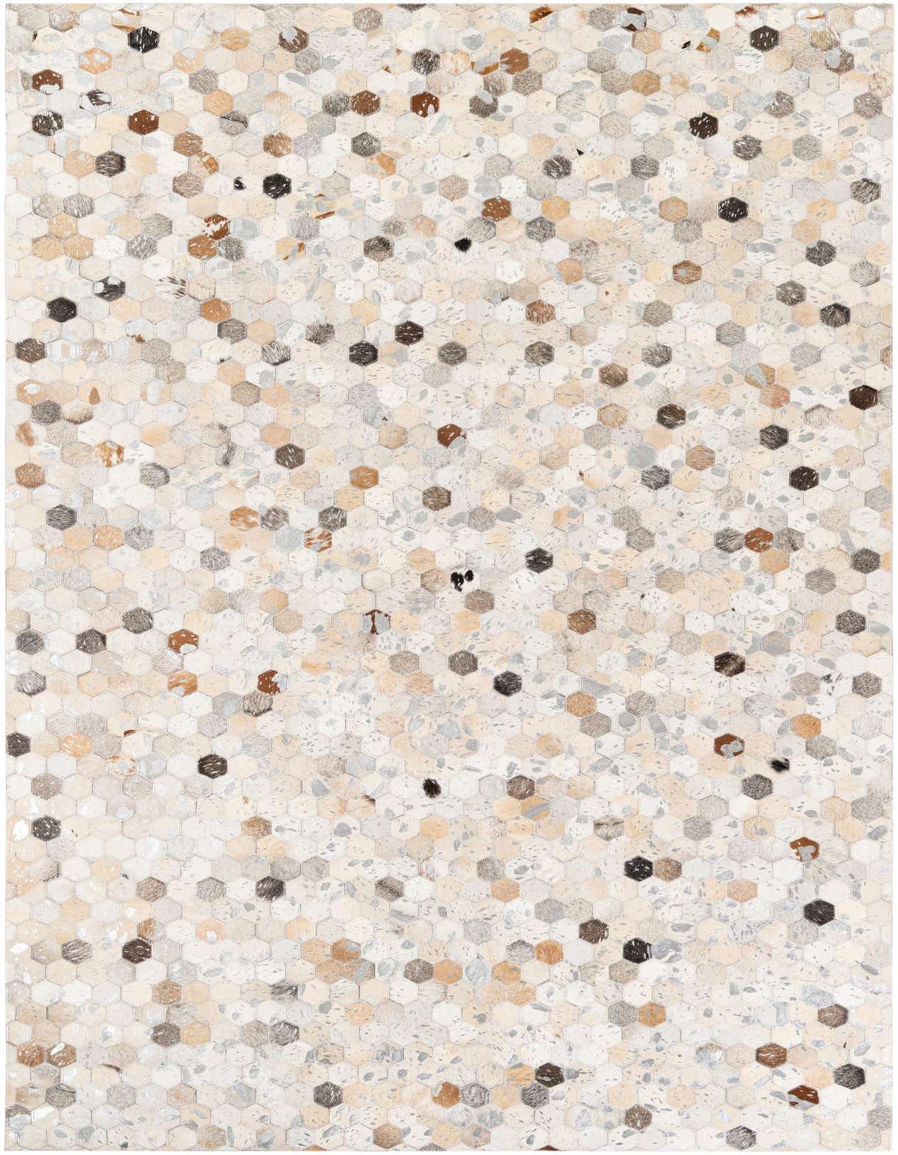 A 5x8 rectangular Cowhide Stocks rug featuring a modern multi-colored hexagonal pattern in natural browns, creams, and grays.