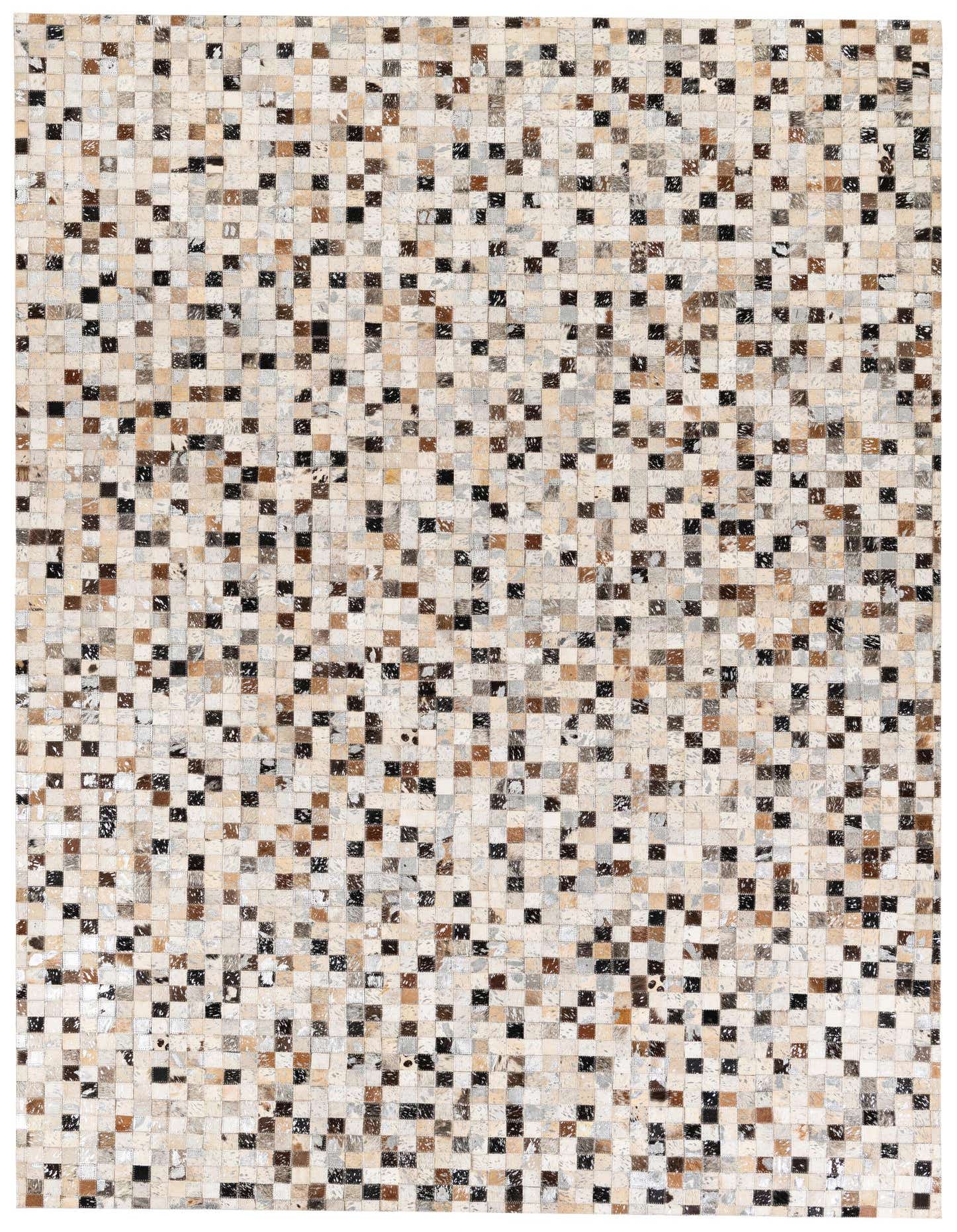 A 5x7 rectangular multi-colored modern cowhide rug with a mosaic pattern of small square patches in varying shades of brown, black, and cream.