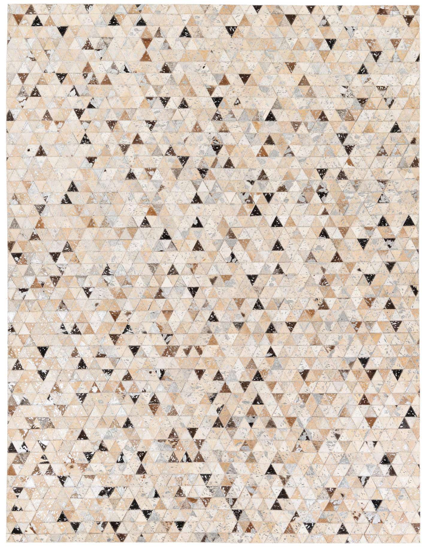 A 5x8 rectangular Cowhide Stocks rug featuring a modern geometric pattern of multi-colored cowhide and leather triangles.
