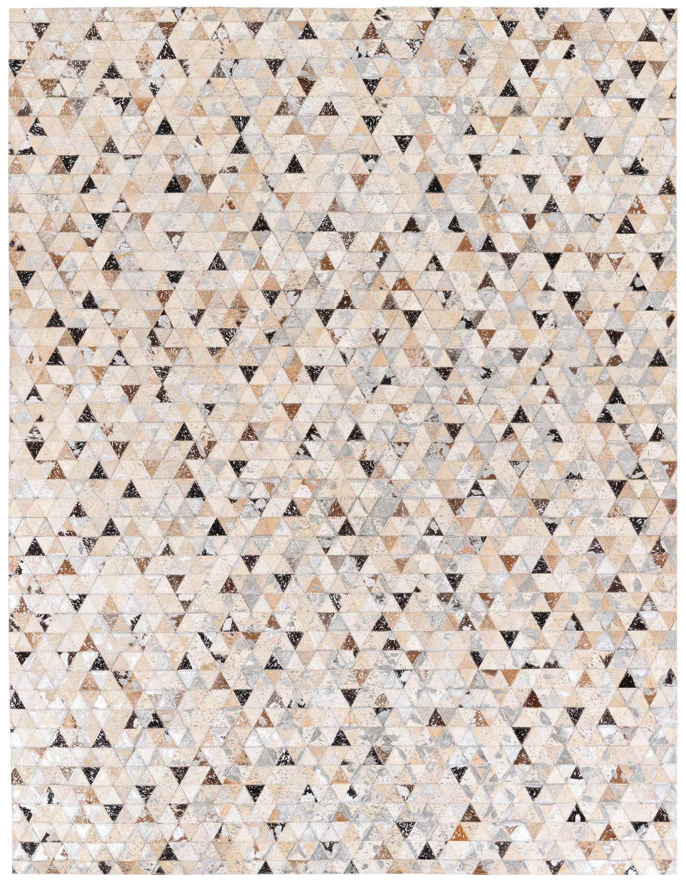 A 5x7 rectangular multi-colored modern rug made from cowhide and leather, featuring a geometric pattern of small triangles in varying shades of brown, black, and cream.