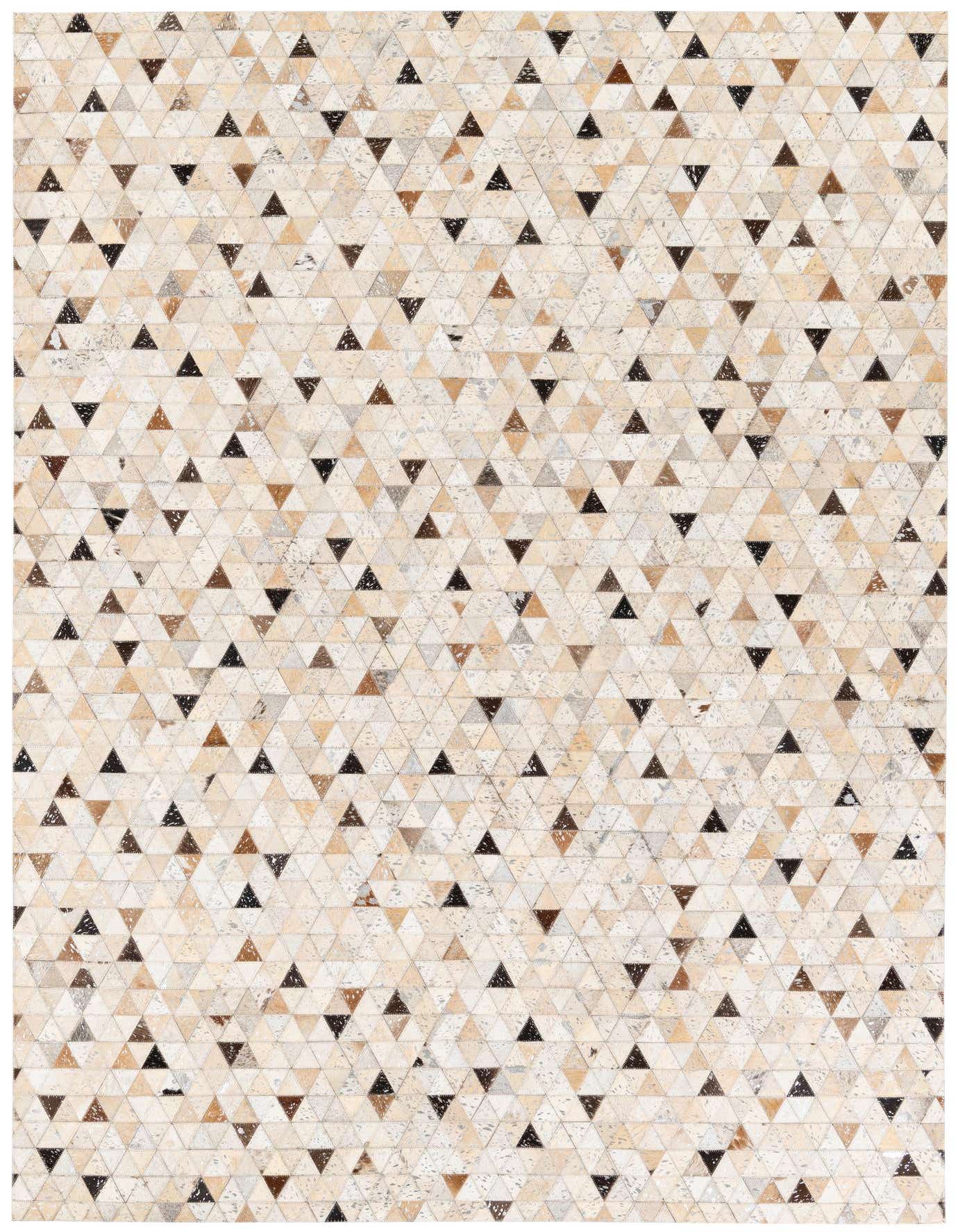 A 5x8 rectangular Cowhide Stocks rug featuring a modern geometric pattern of multi-colored cowhide triangles in shades of beige, brown, and black.