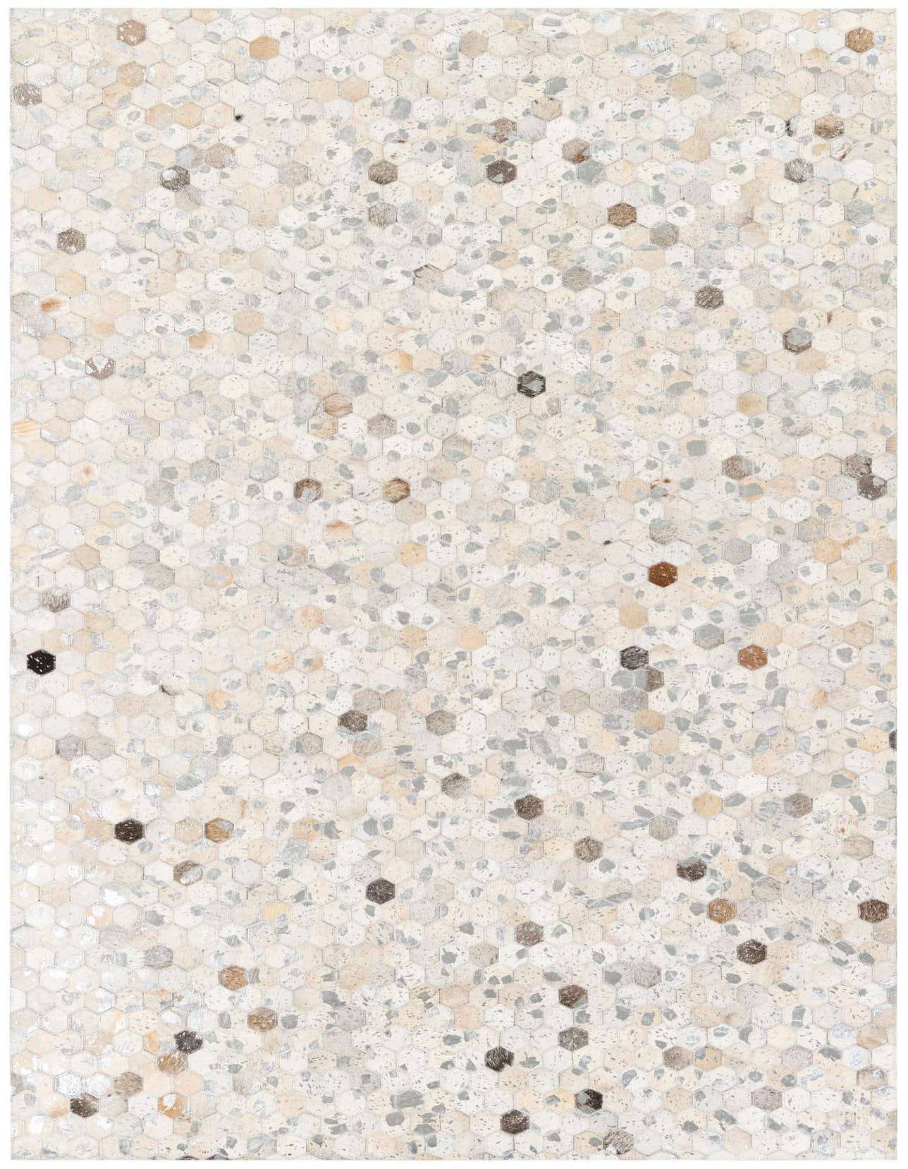 A 5x8 rectangular Cowhide Stocks rug featuring a multi-colored modern hexagonal pattern in shades of cream, beige, brown, and gray.