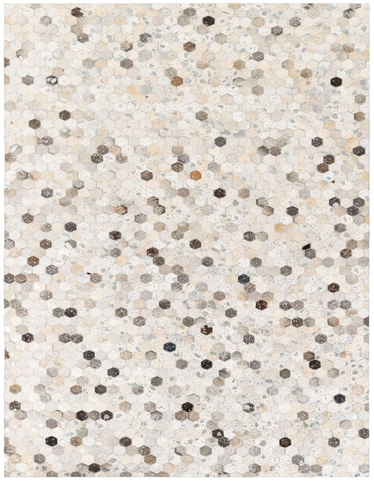 A 5x8 rectangular modern cowhide rug featuring a mosaic of multi-colored hexagonal leather patches in various natural tones.