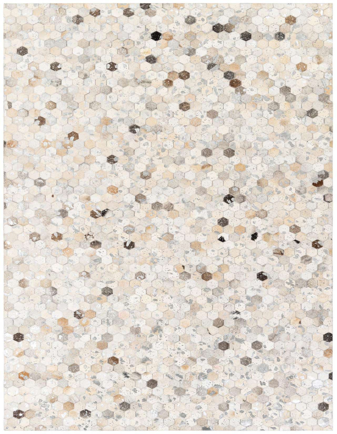 A 5x8 rectangular Cowhide Stocks rug featuring a modern multi-colored hexagonal pattern of natural cowhide and leather.