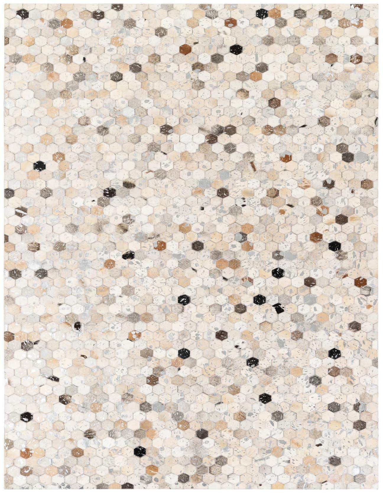 A 5x8 rectangular Cowhide Stocks rug featuring a modern honeycomb pattern in multi-colored natural cowhide and leather.