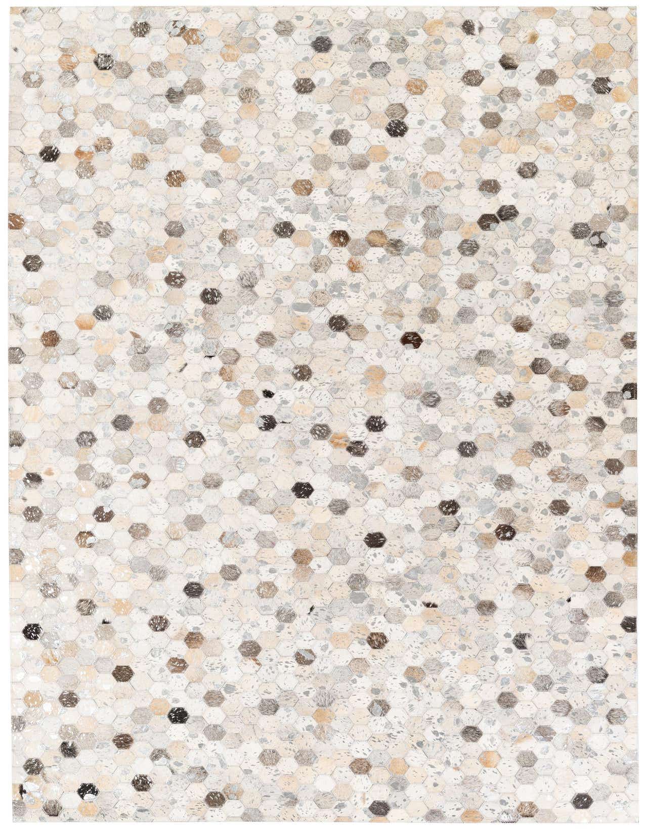 A 5x8 rectangular Cowhide Stocks rug featuring a modern multi-colored hexagonal pattern in varying shades of brown, black, and white.
