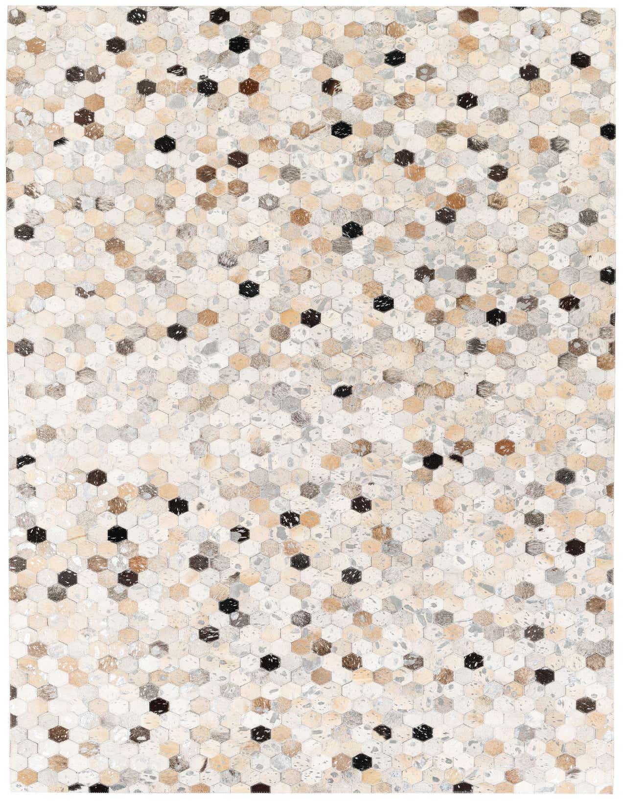 A 5x8 rectangular Cowhide Stocks rug featuring a modern multi-colored hexagonal patchwork design in natural browns, creams, grays, and black.