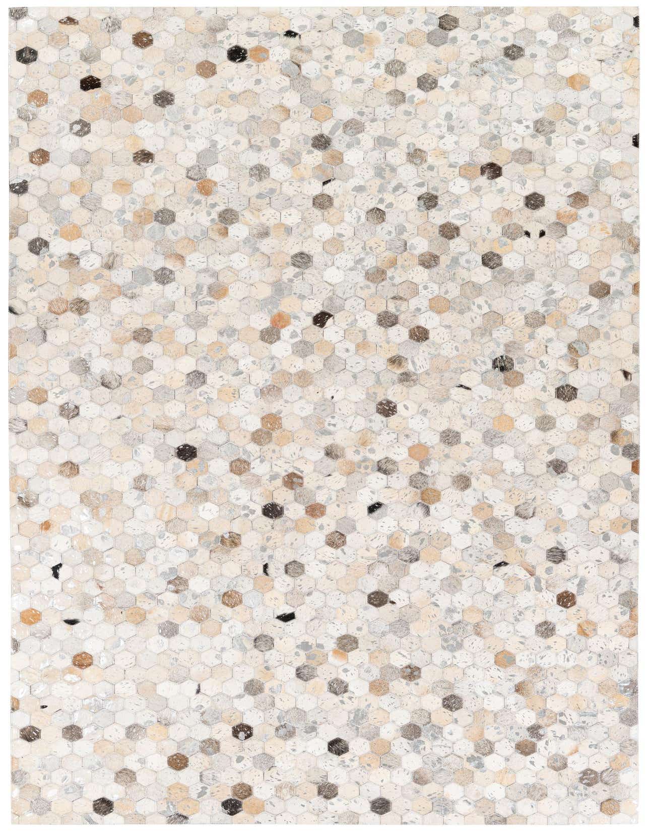 A 5x8 rectangular Cowhide Stocks rug featuring a modern multi-colored hexagonal pattern in neutral tones.