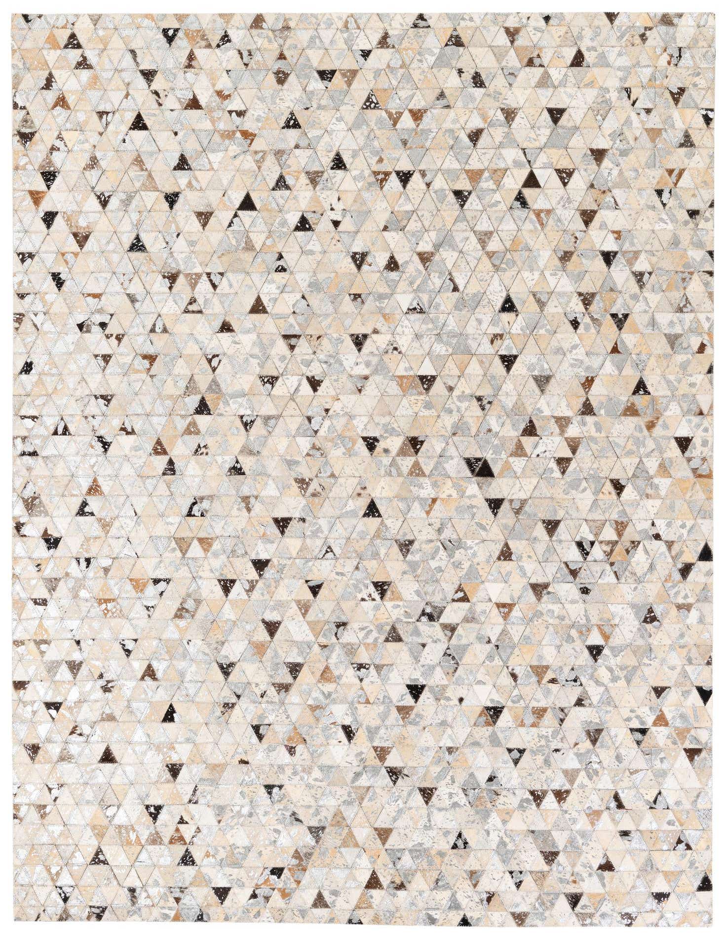 A rectangular 5x8 modern rug featuring a mosaic of multi-colored cowhide and leather triangles in shades of beige, brown, and grey.
