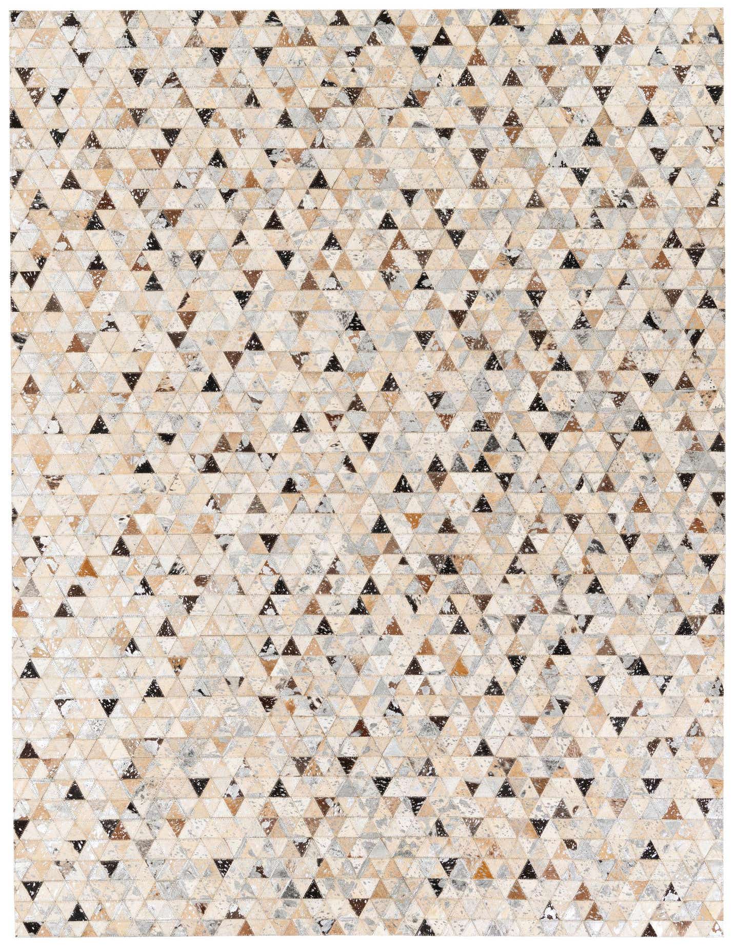 A 5x8 rectangular Cowhide Stocks rug featuring a modern geometric pattern of multi-colored triangles in shades of brown, black, and cream.