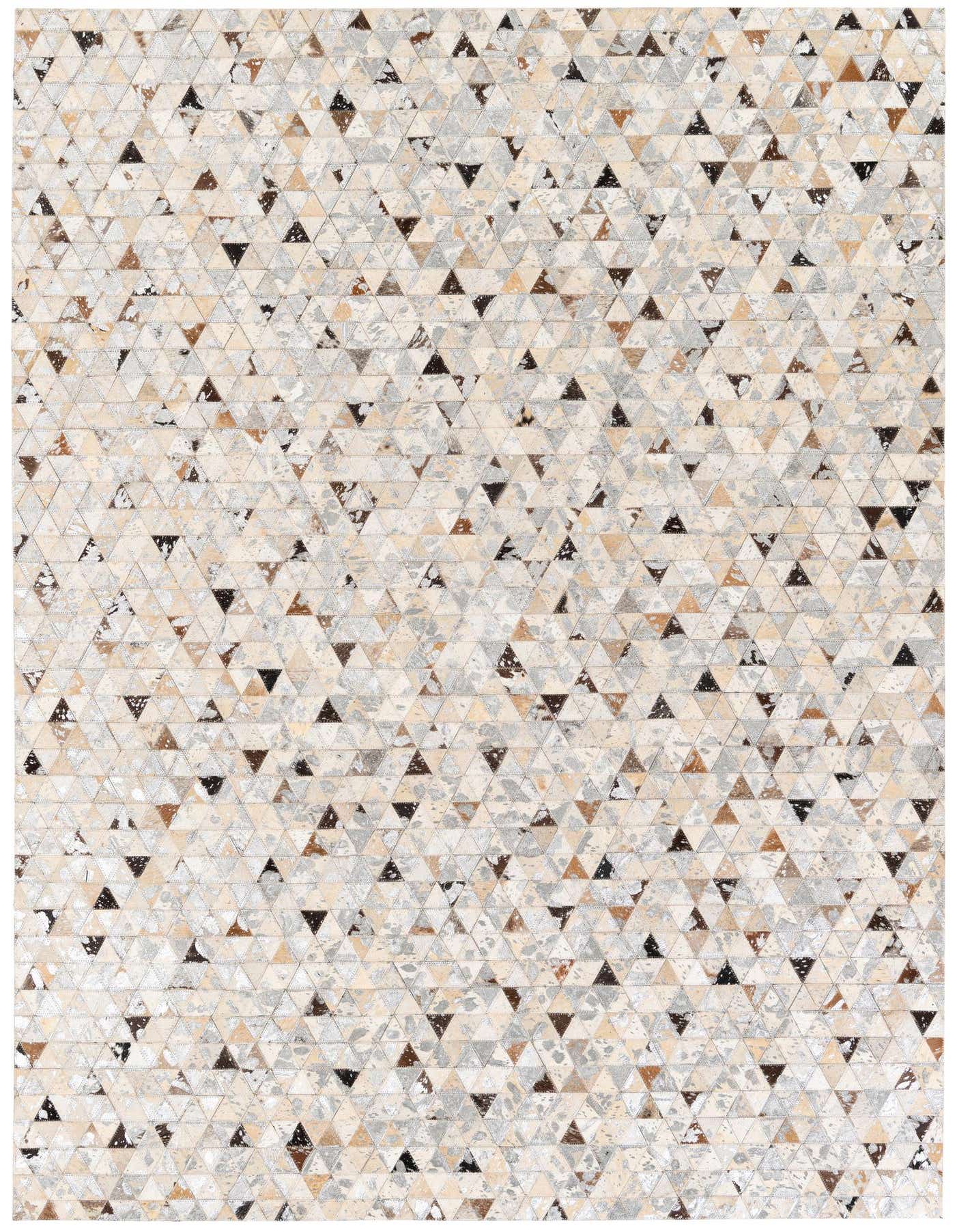 A 5x7 rectangular Cowhide Stocks rug featuring a modern geometric pattern of multi-colored triangular patches in natural browns, creams, and grays.