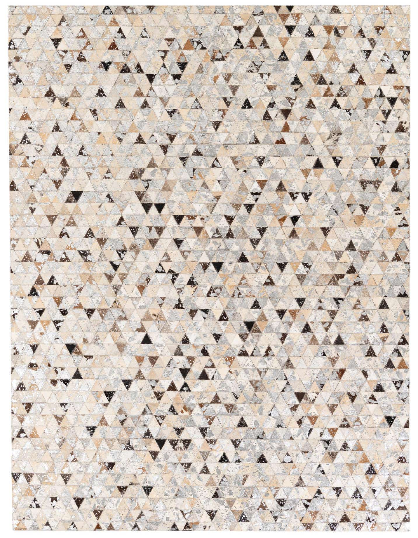 A 5x8 rectangular Cowhide Stocks rug featuring a modern geometric pattern of multi-colored cowhide and leather triangles in shades of brown, black, and cream.