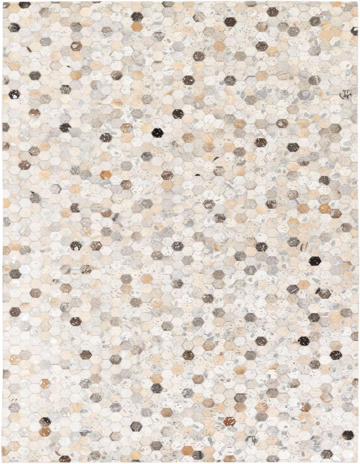 A rectangular 5x8 modern cowhide rug featuring a mosaic of multi-colored hexagonal patches in shades of cream, beige, brown, and grey.