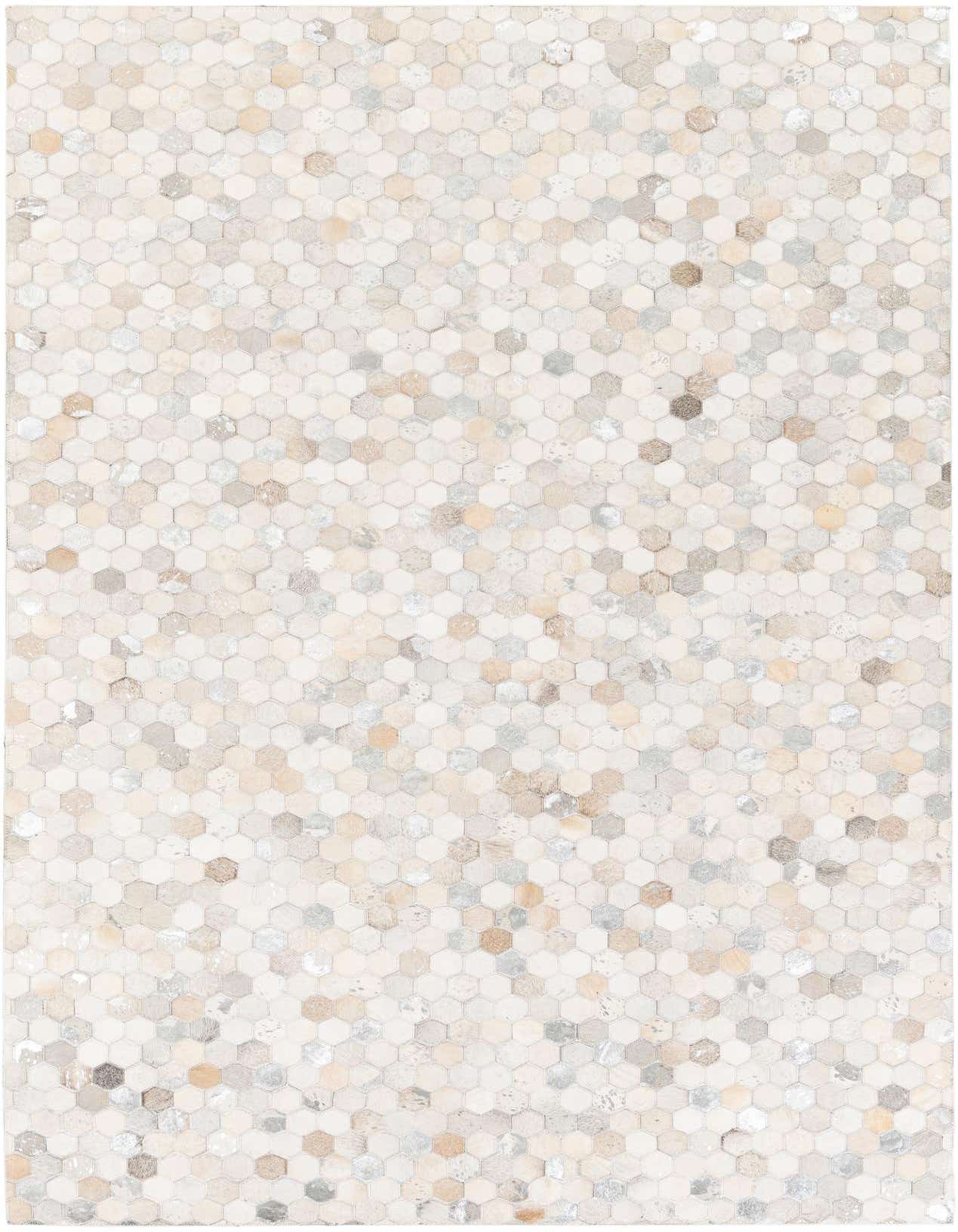 A 5x8 rectangular Cowhide Stocks rug featuring a modern mosaic pattern of multi-colored hexagonal cowhide patches in neutral tones.