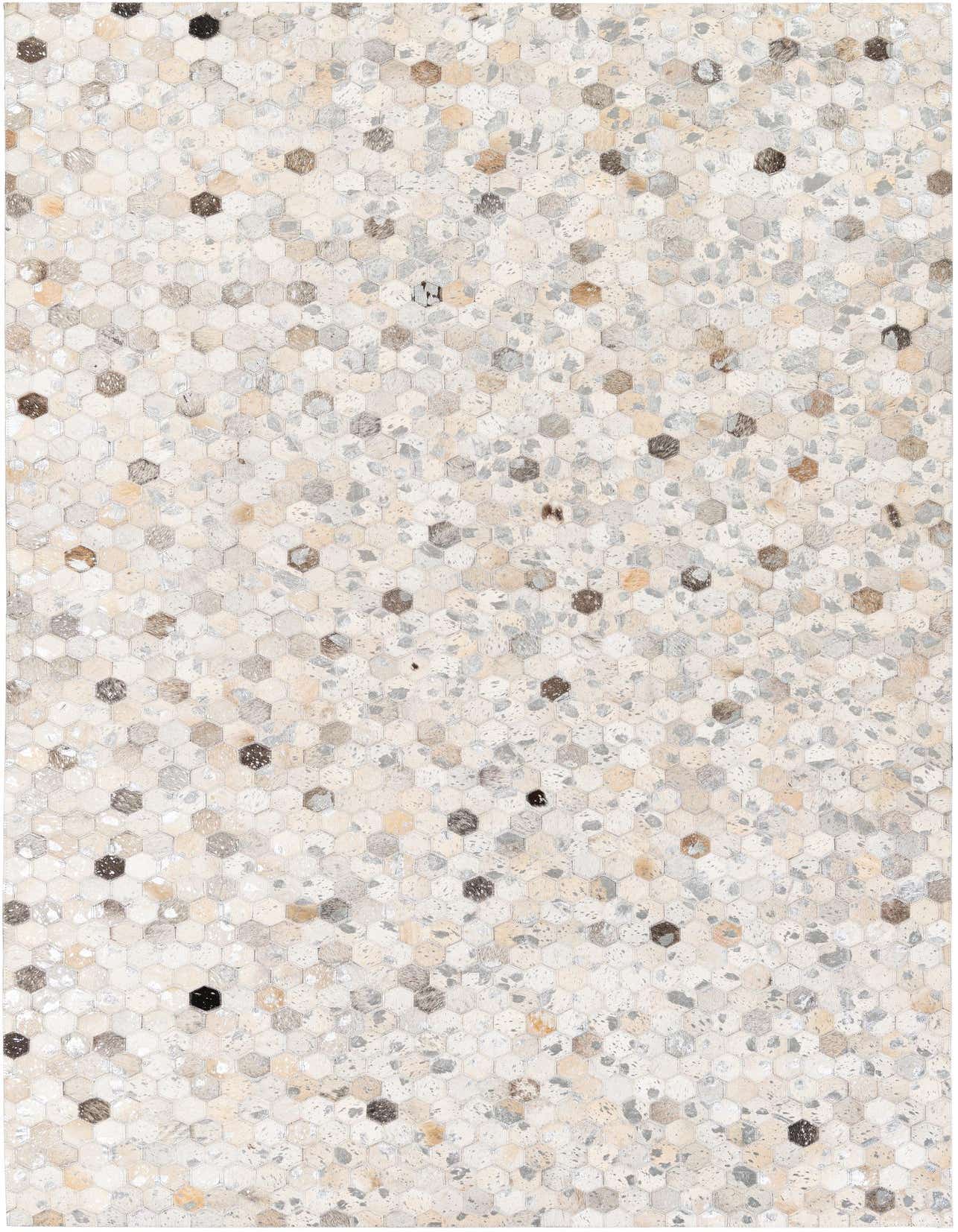 A 5x8 rectangular Cowhide Stocks rug featuring a modern multi-colored hexagonal pattern in neutral tones, ideal for a living room or bedroom.