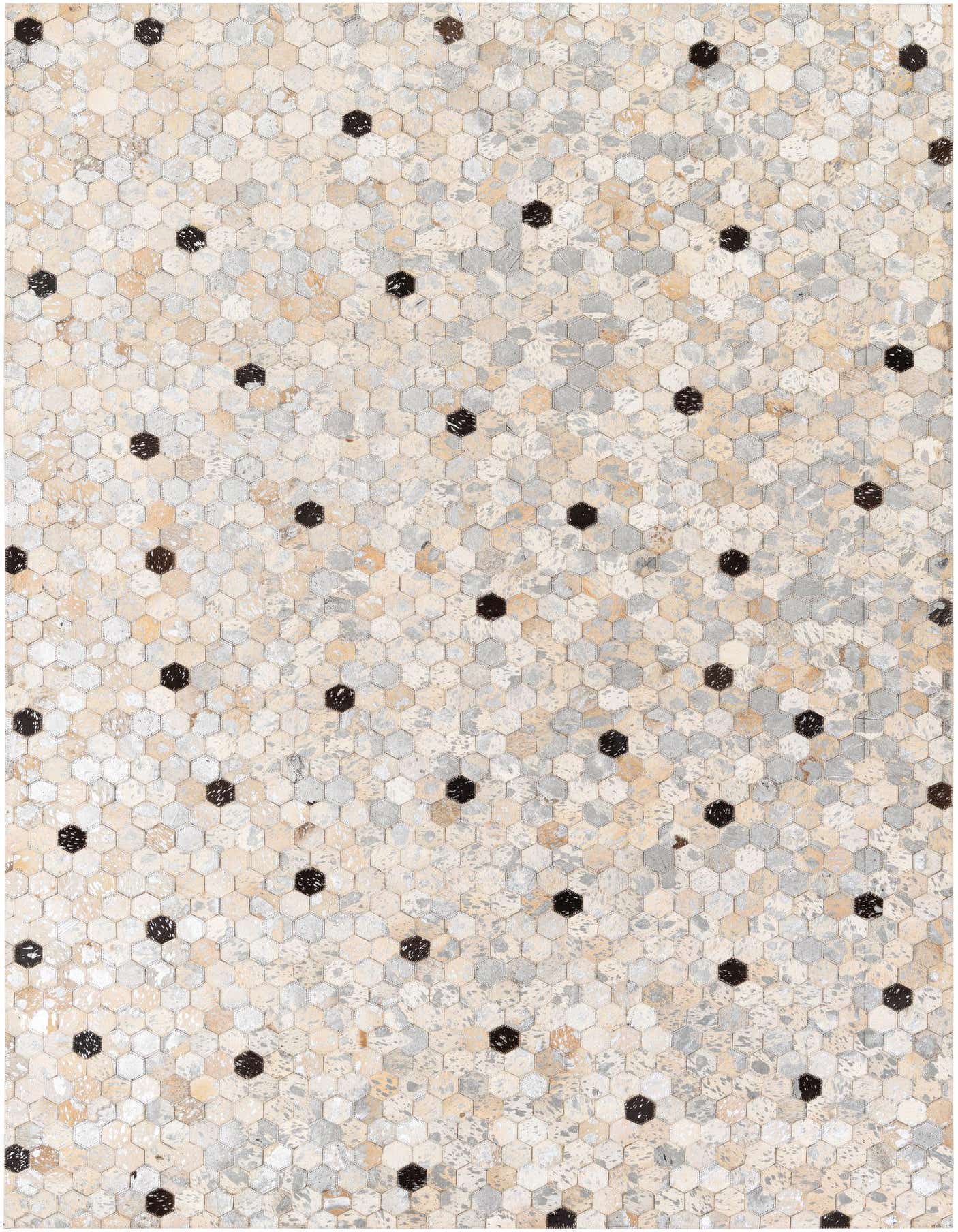 A 5x8 rectangular Cowhide Stocks rug featuring a modern multi-colored hexagonal pattern with dark accents, suitable for a living room.