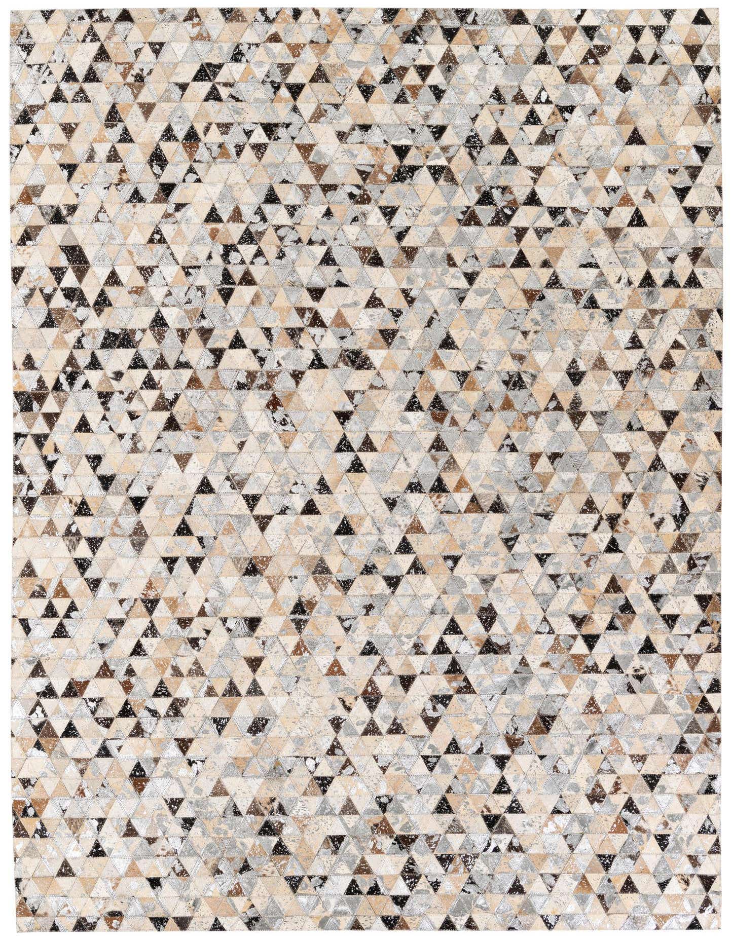 A 5x8 rectangular Cowhide Stocks rug featuring a modern geometric pattern of multi-colored cowhide and leather triangles in shades of beige, brown, black, and grey.