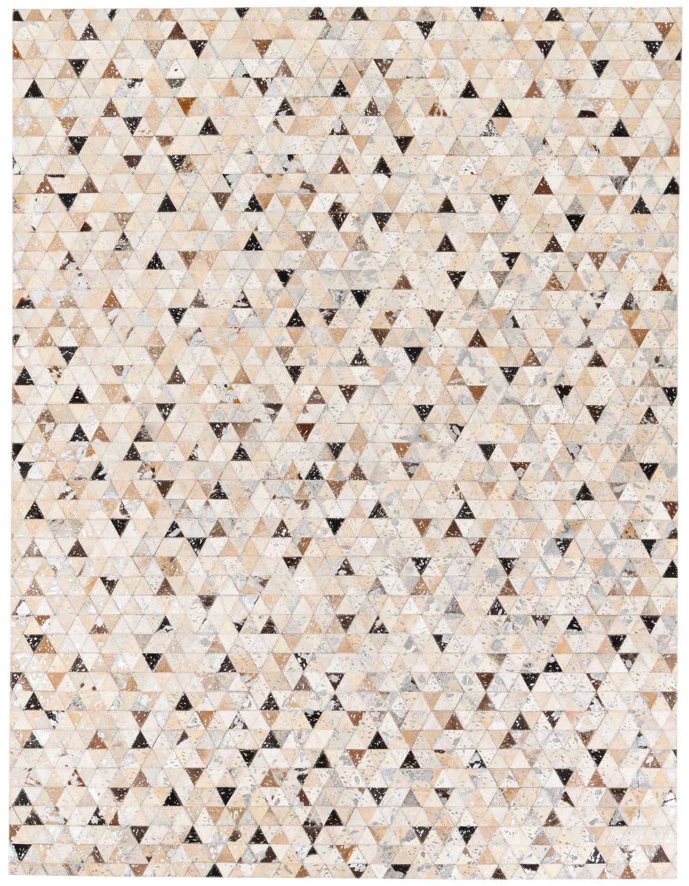 A 5x8 rectangular Cowhide Stocks rug featuring a modern geometric pattern of multi-colored cowhide and leather triangles.