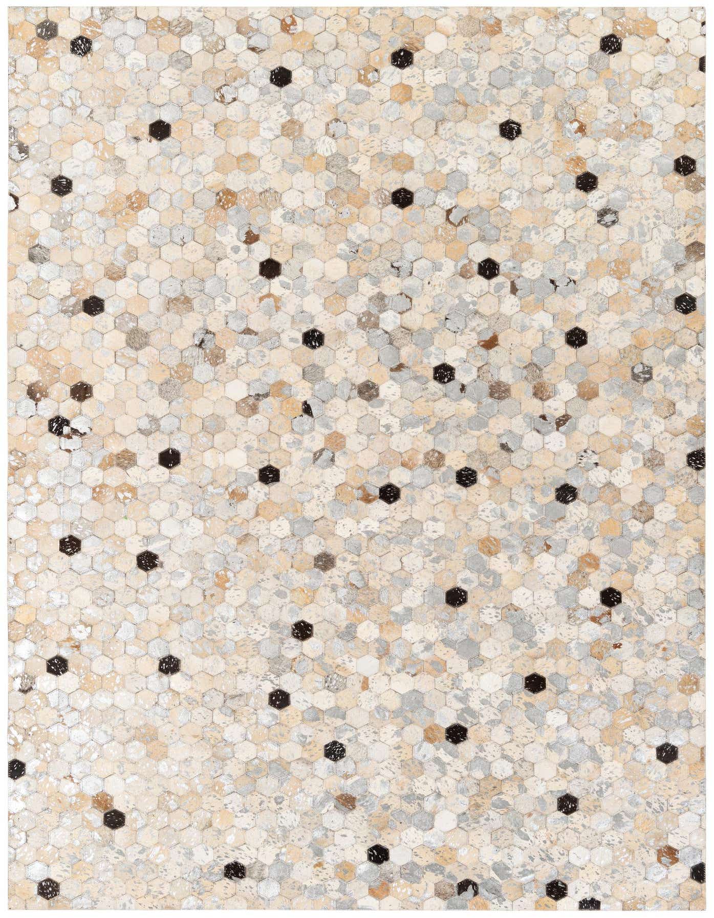 A 5x8 rectangular Cowhide Stocks rug featuring a modern multi-colored hexagonal pattern with light and dark patches.