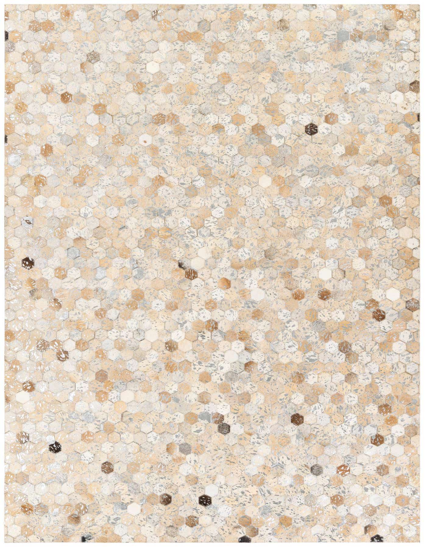 A 5x8 rectangular Cowhide Stocks rug from Rugs.com, featuring a modern multi-colored hexagonal pattern in natural tones.