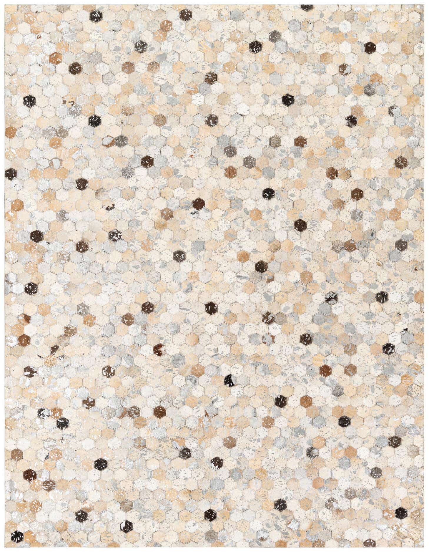 A 5x8 rectangular Cowhide Stocks rug featuring a modern, multi-colored hexagonal patchwork pattern in various natural cowhide tones.