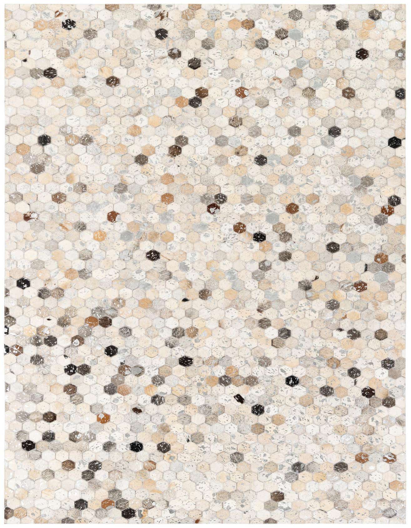 5x8 rectangular Cowhide Stocks rug featuring a modern honeycomb pattern in multi-colored natural cowhide and leather.