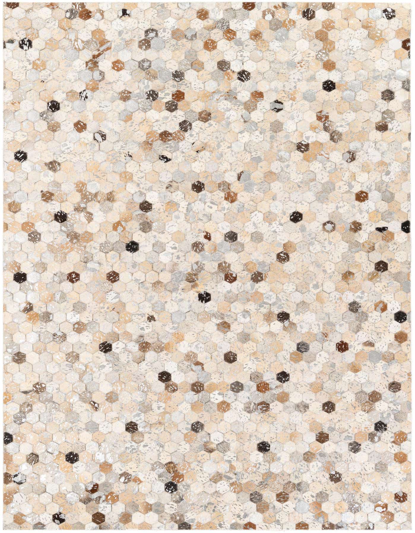 A 5x7 rectangular Cowhide Stocks rug featuring a modern multi-colored hexagonal patchwork design in natural brown, beige, and gray tones.