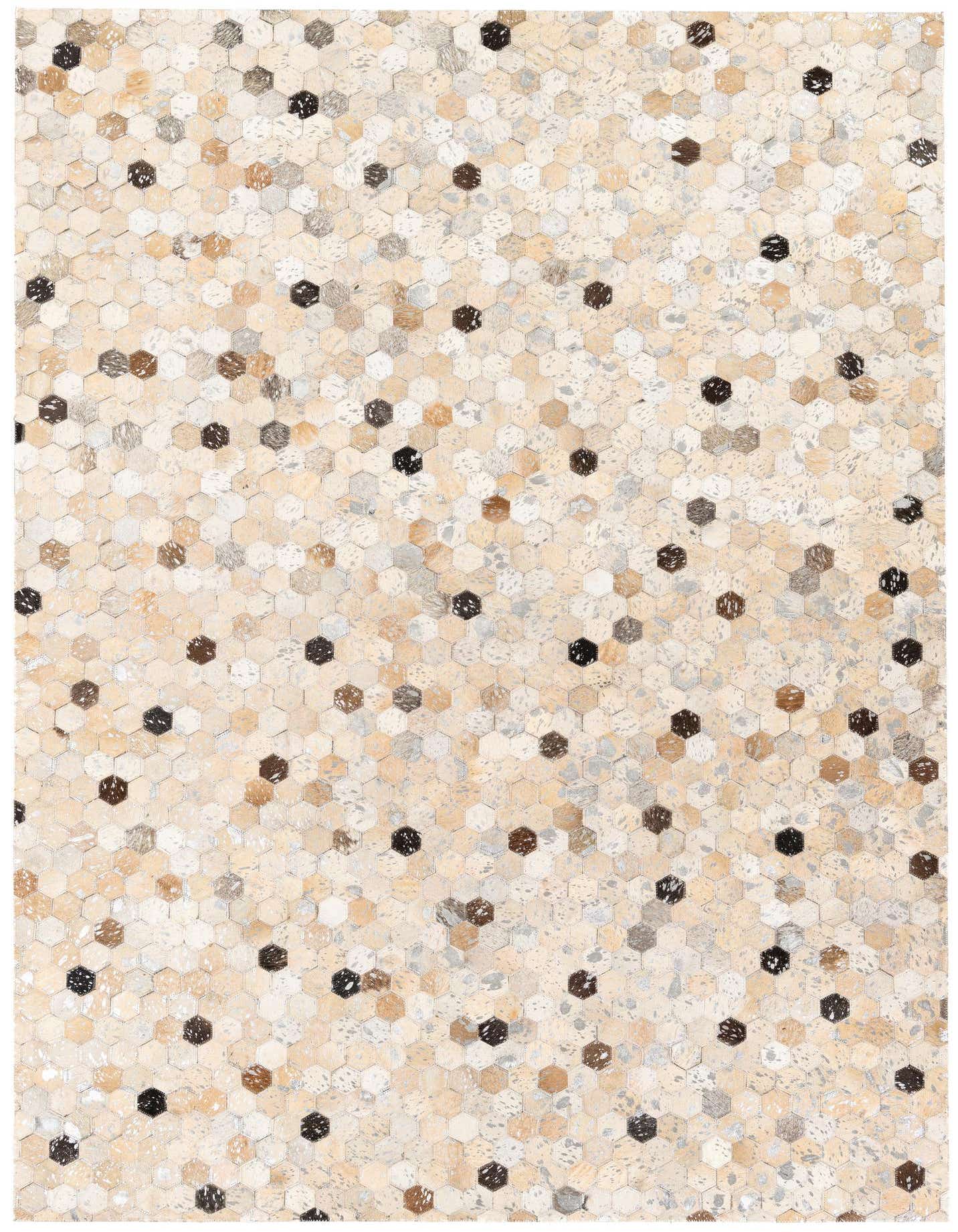 A 5x8 rectangular cowhide rug featuring a modern honeycomb pattern in multi-colored natural tones of cream, beige, brown, and black.