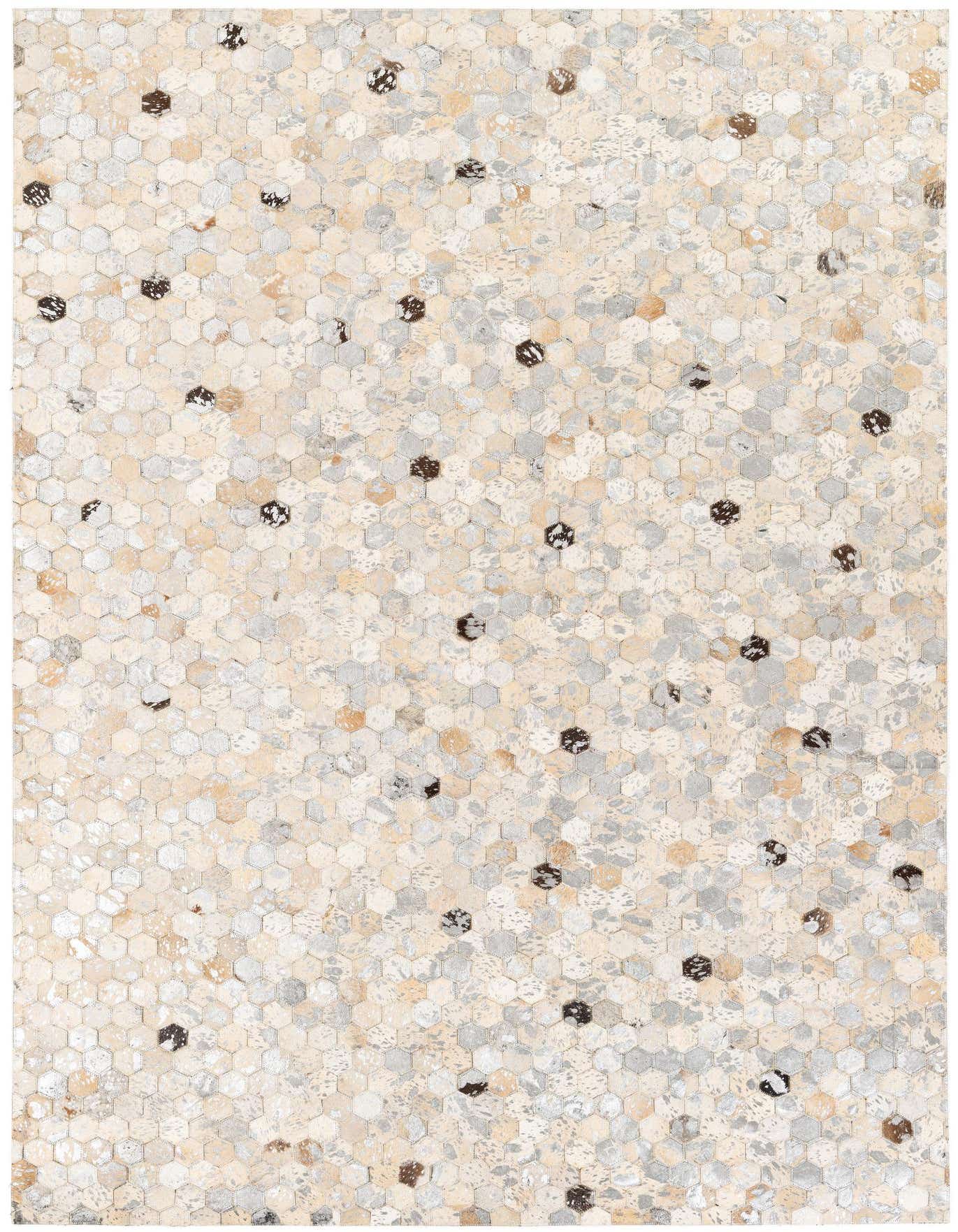 A 5x8 rectangular Cowhide Stocks rug featuring a modern multi-colored hexagonal patchwork pattern with brown accents.