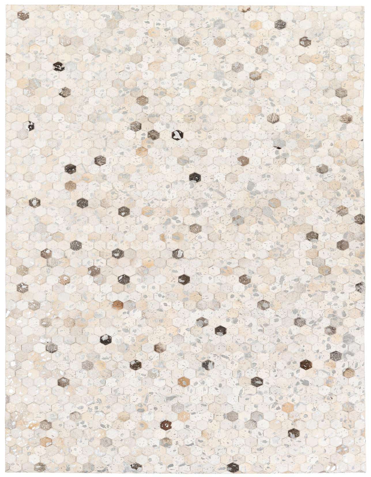 A 5x8 rectangular Cowhide Stocks rug featuring a modern multi-colored hexagonal pattern with varying shades of cream, beige, brown, and grey.