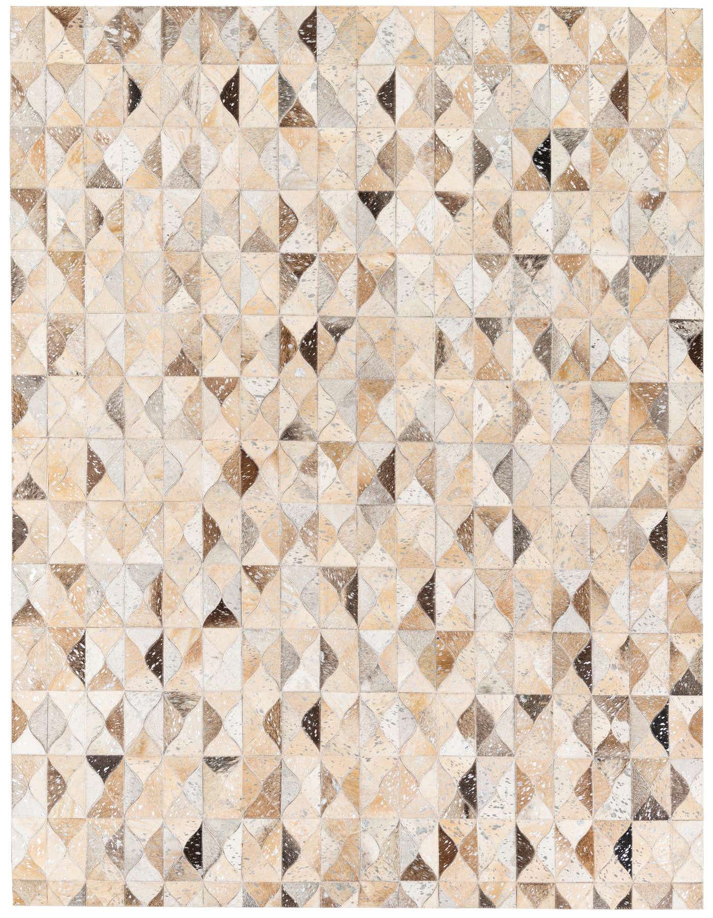 A rectangular 5x8 modern cowhide rug with a multi-colored geometric pattern in shades of brown, beige, and white.