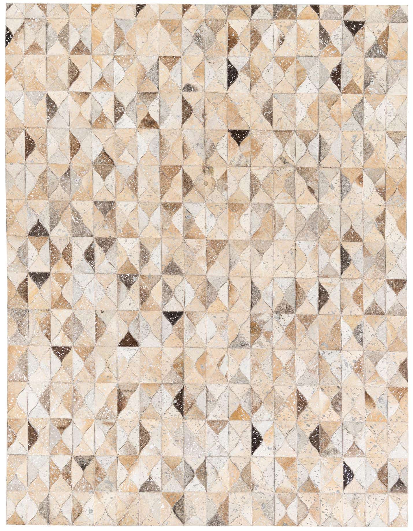 A 5x7 rectangular Cowhide Stocks rug featuring a modern geometric pattern in multi-colored natural cowhide and leather.