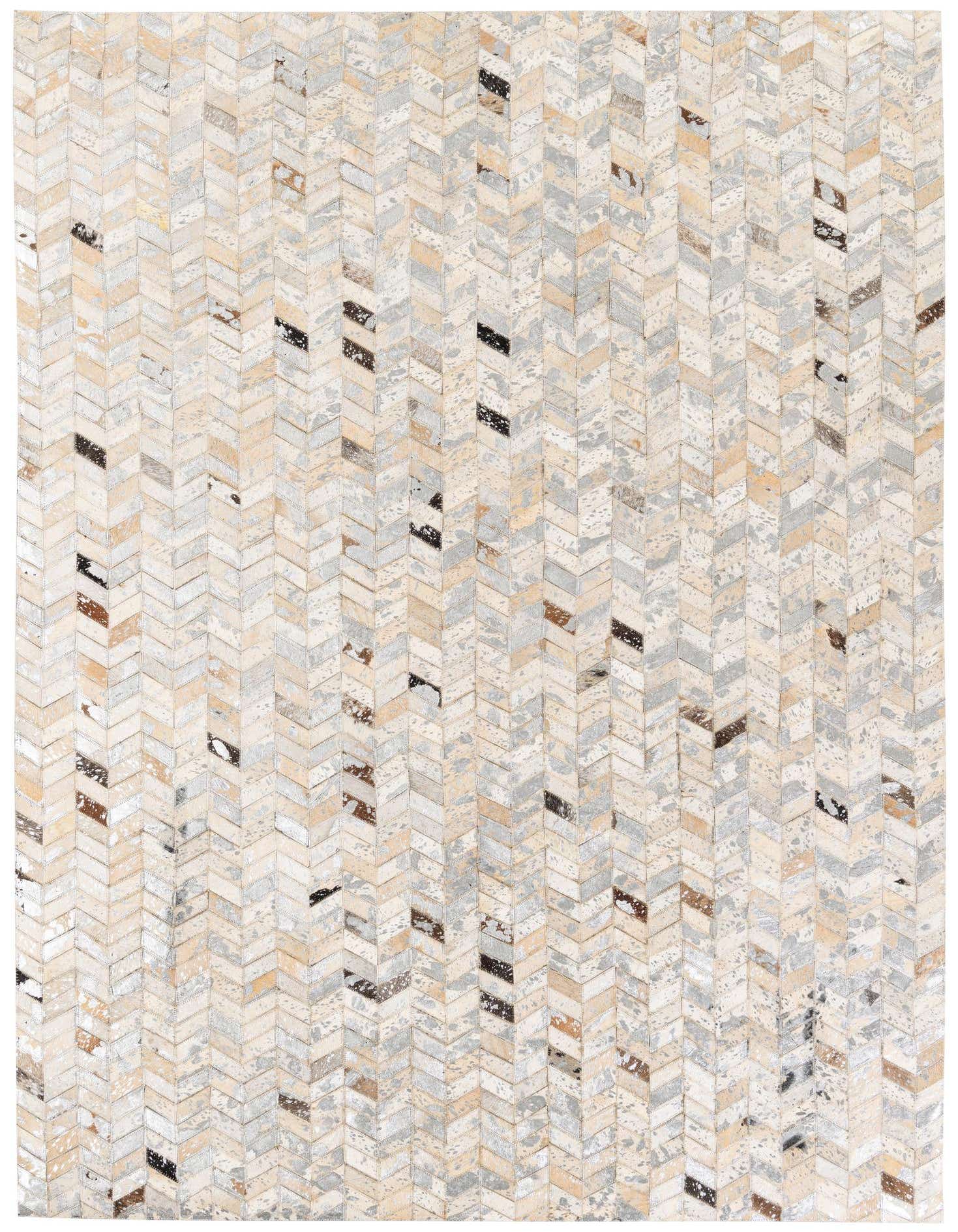 A 5x7 rectangular modern cowhide rug featuring a chevron pattern in various shades of white, beige, grey, brown, and black.