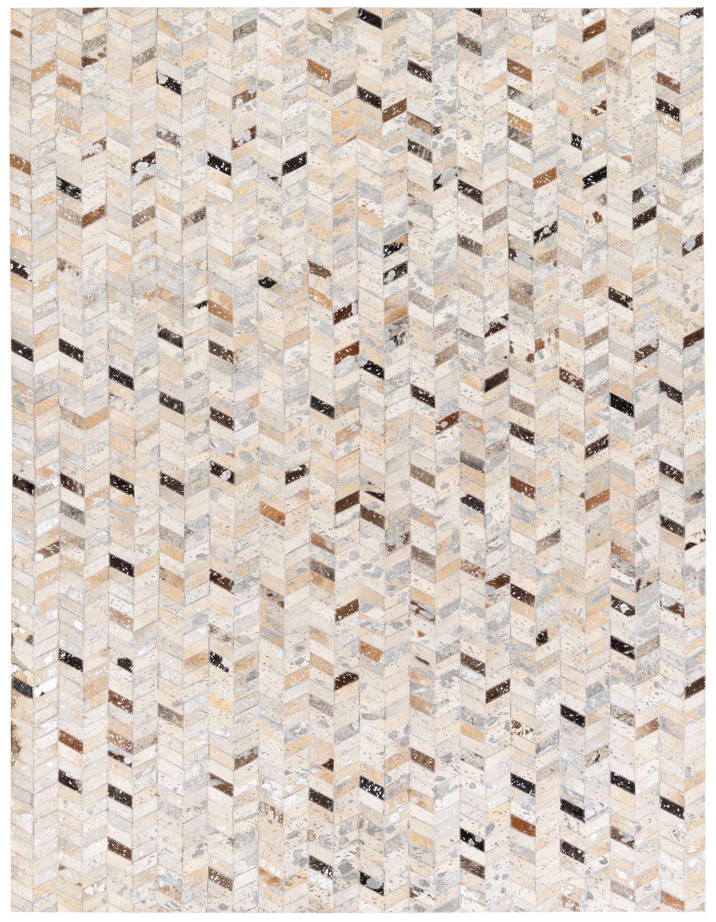 A 5x8 rectangular Cowhide Stocks rug featuring a modern chevron pattern in multi-colored natural cowhide and leather.