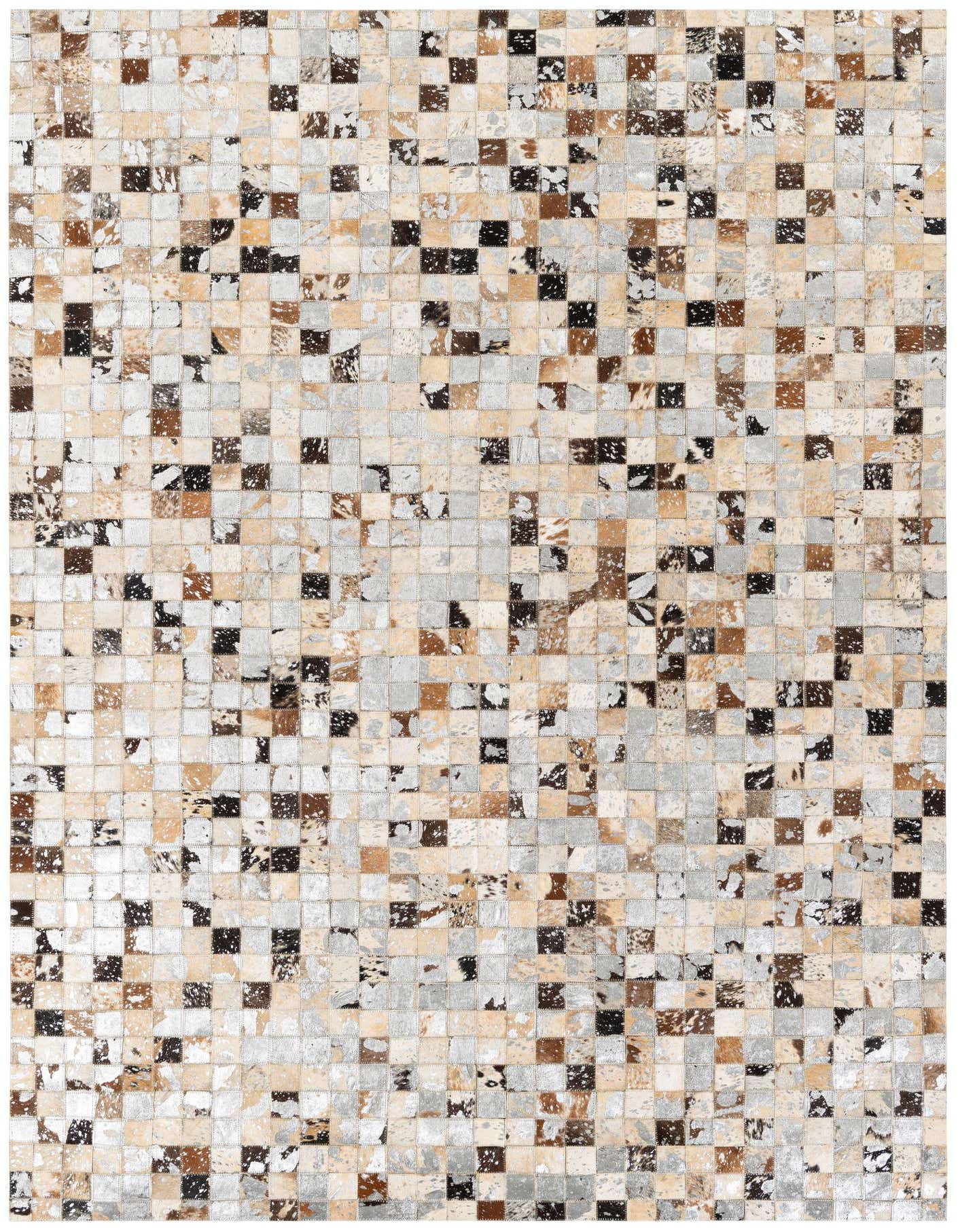 A 5x8 rectangular, multi-colored modern cowhide rug with a patchwork of natural brown, black, white, and beige squares.