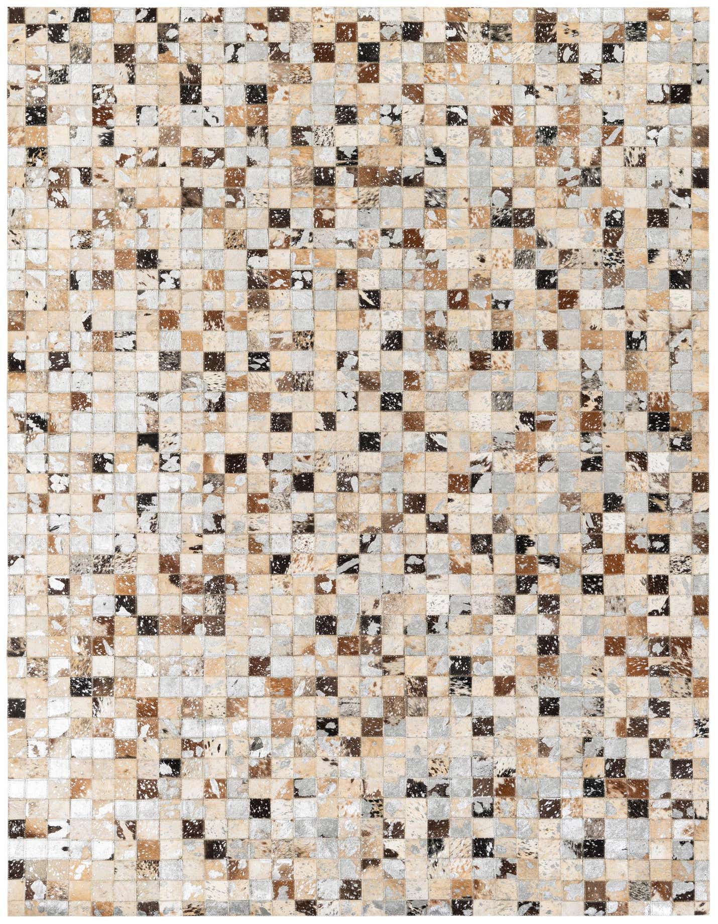 A 5x8 rectangular, multi-colored modern cowhide rug featuring a patchwork of natural brown, black, white, and gray squares.