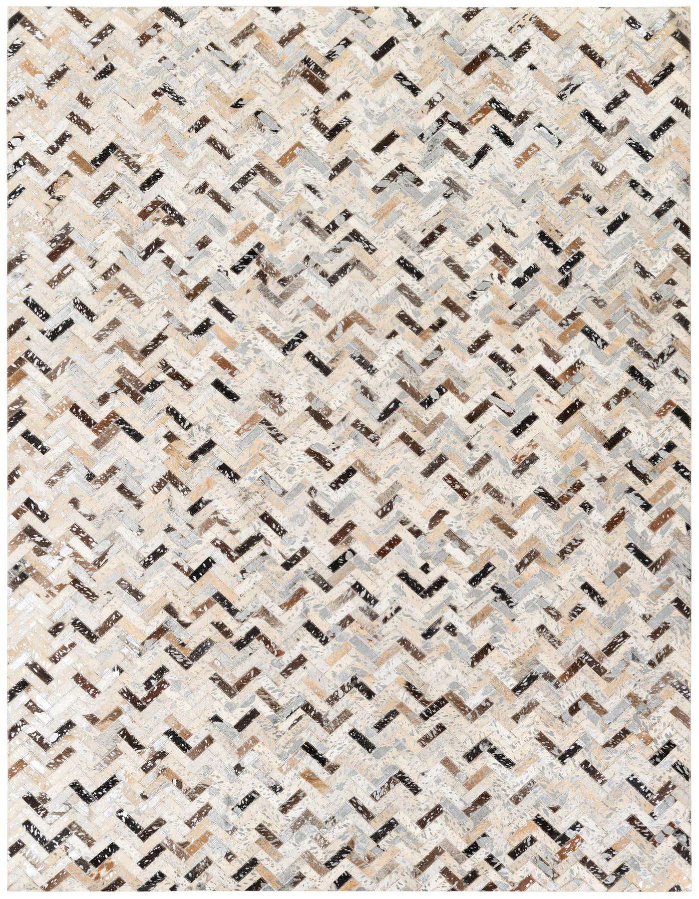 A 5x7 rectangular multi-colored cowhide rug featuring a modern chevron stripe pattern in various natural brown, black, and cream tones.
