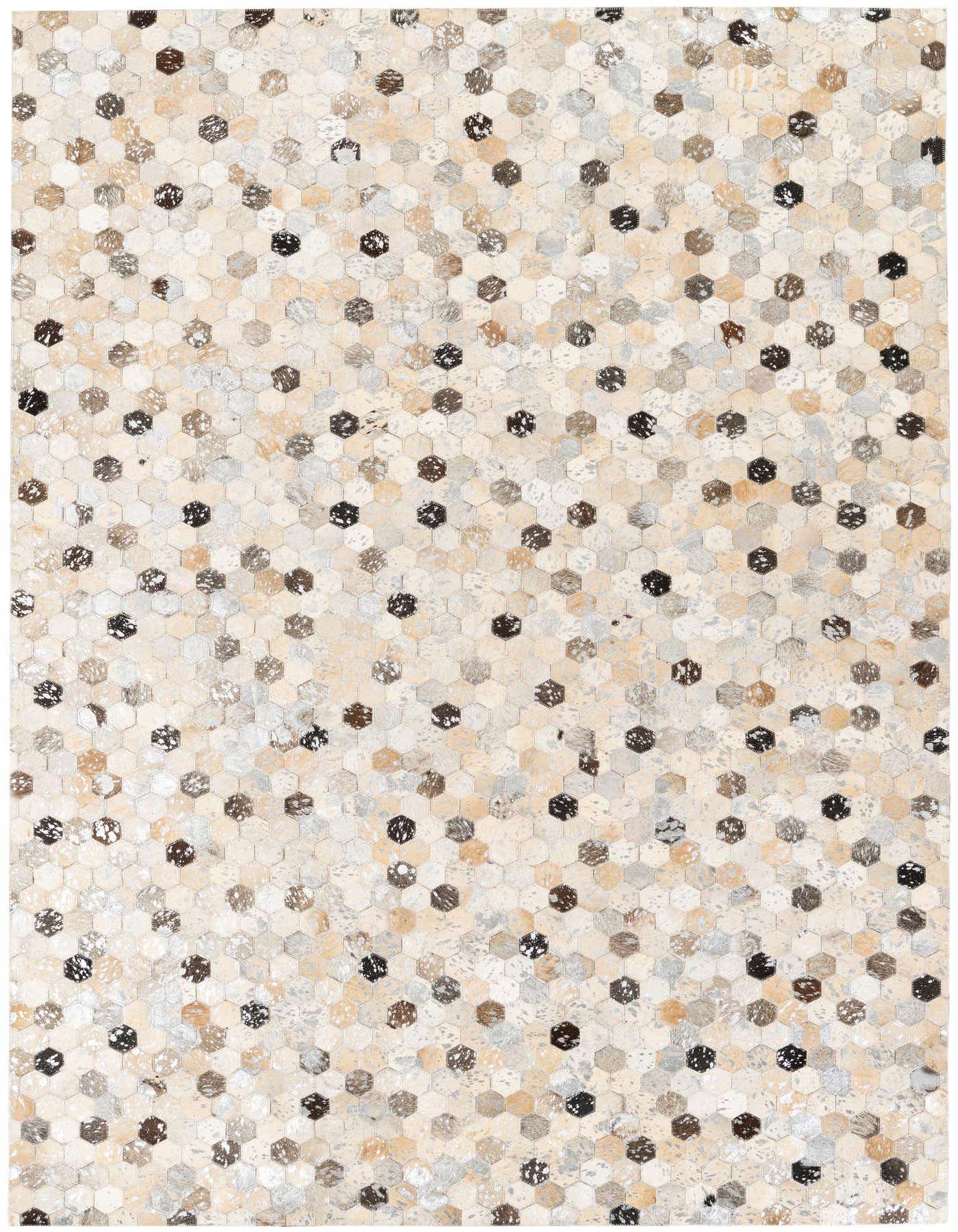 A 5x8 rectangular Cowhide Stocks rug featuring a modern multi-colored hexagonal patchwork pattern, ideal for a living room.