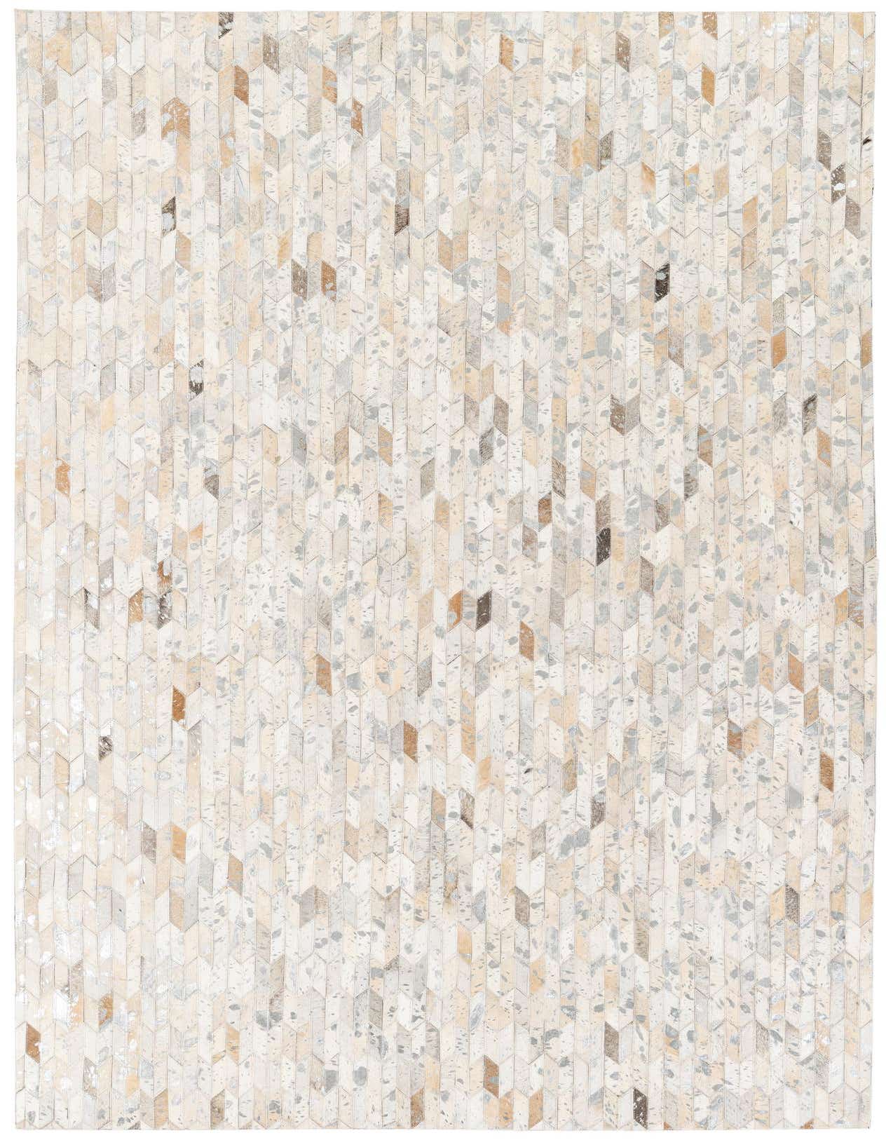 A rectangular 5x8 modern Cowhide Stocks rug featuring a multi-colored geometric pattern of light and dark brown, beige, and gray patches.