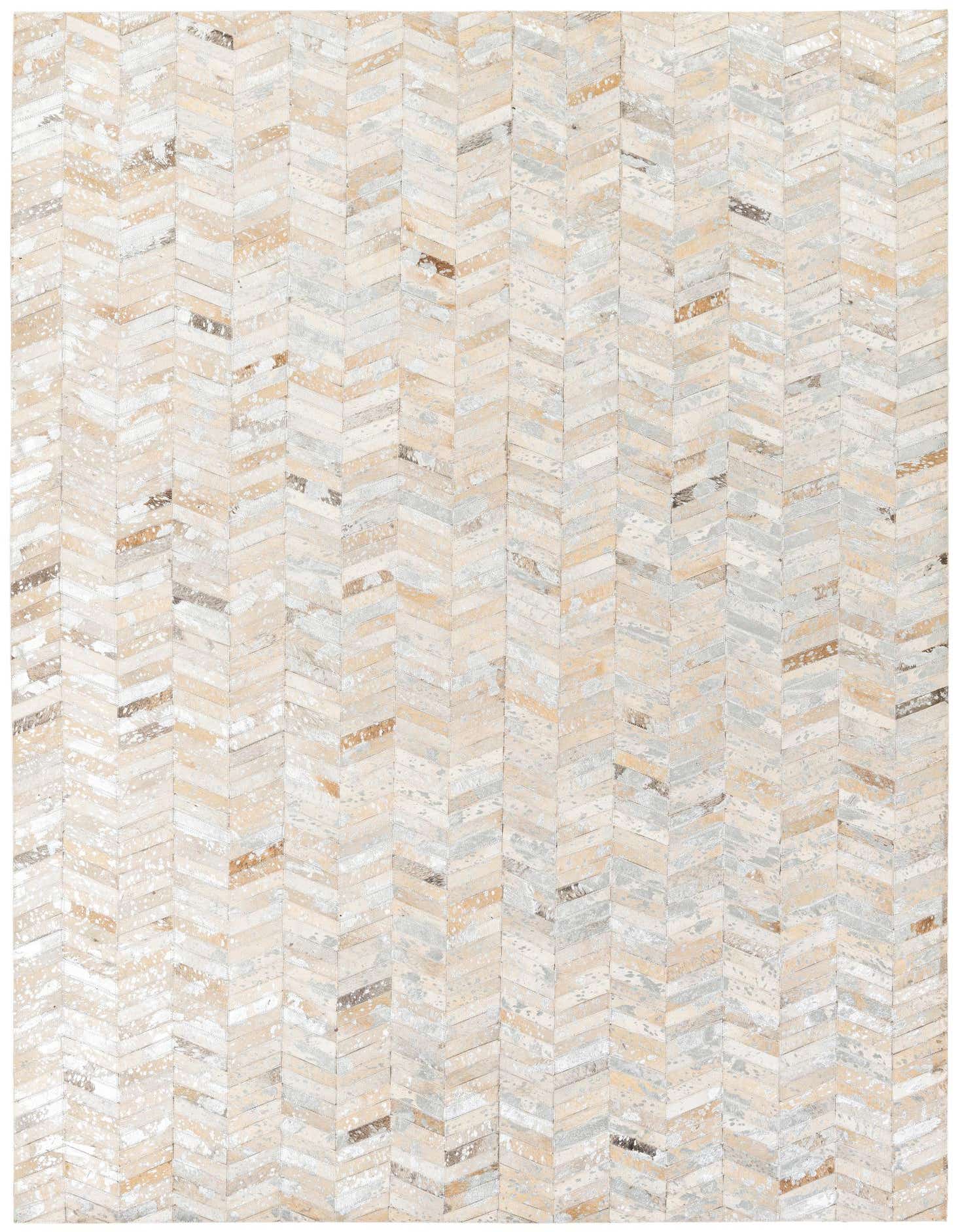 A rectangular 5x8 Cowhide Stocks rug by Rugs.com featuring a multi-colored stripe pattern with natural cowhide and leather textures.