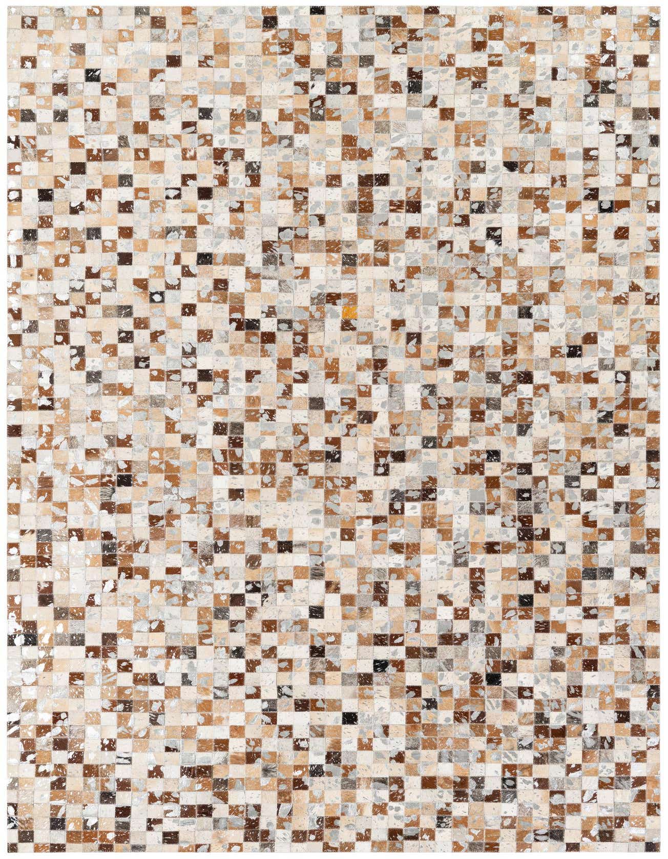 A rectangular 5x8 modern area rug made from multi-colored cowhide and leather patches, featuring shades of brown, beige, white, and gray.