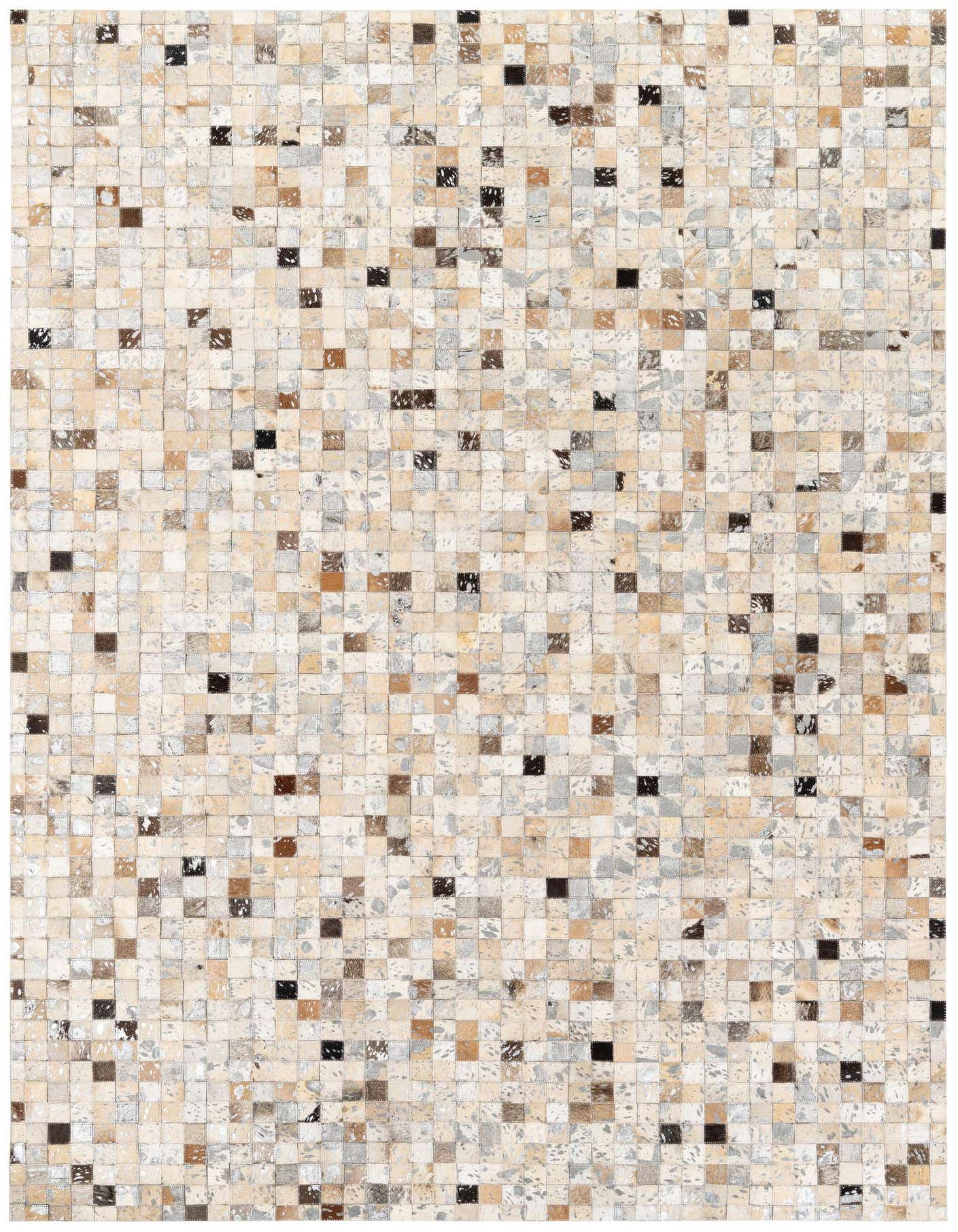A 5x8 rectangular Cowhide Stocks rug featuring a modern patchwork of multi-colored cowhide and leather squares.