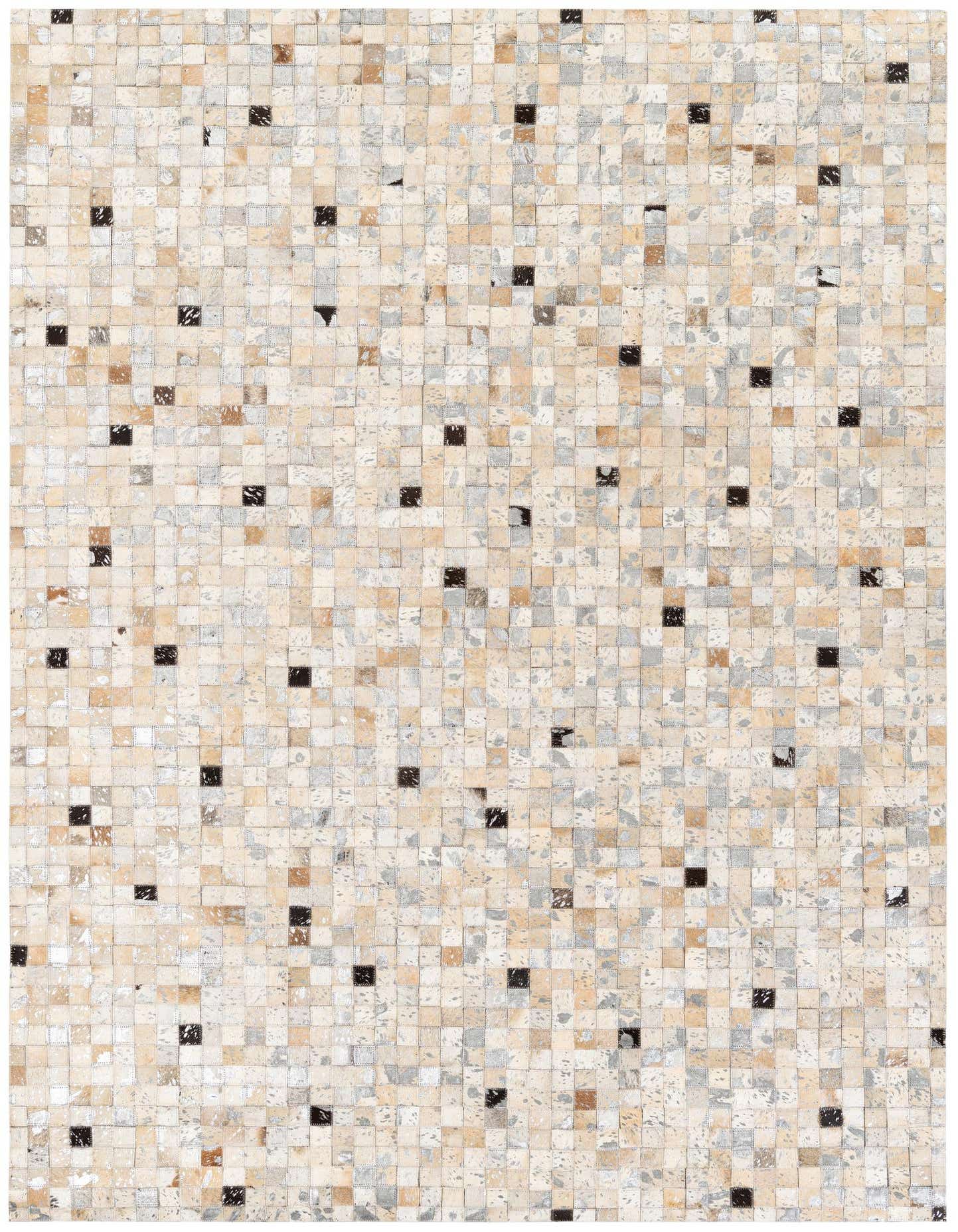 A 5x8 rectangular Cowhide Stocks rug featuring a mosaic of multi-colored cowhide and leather squares, perfect for a modern living room.